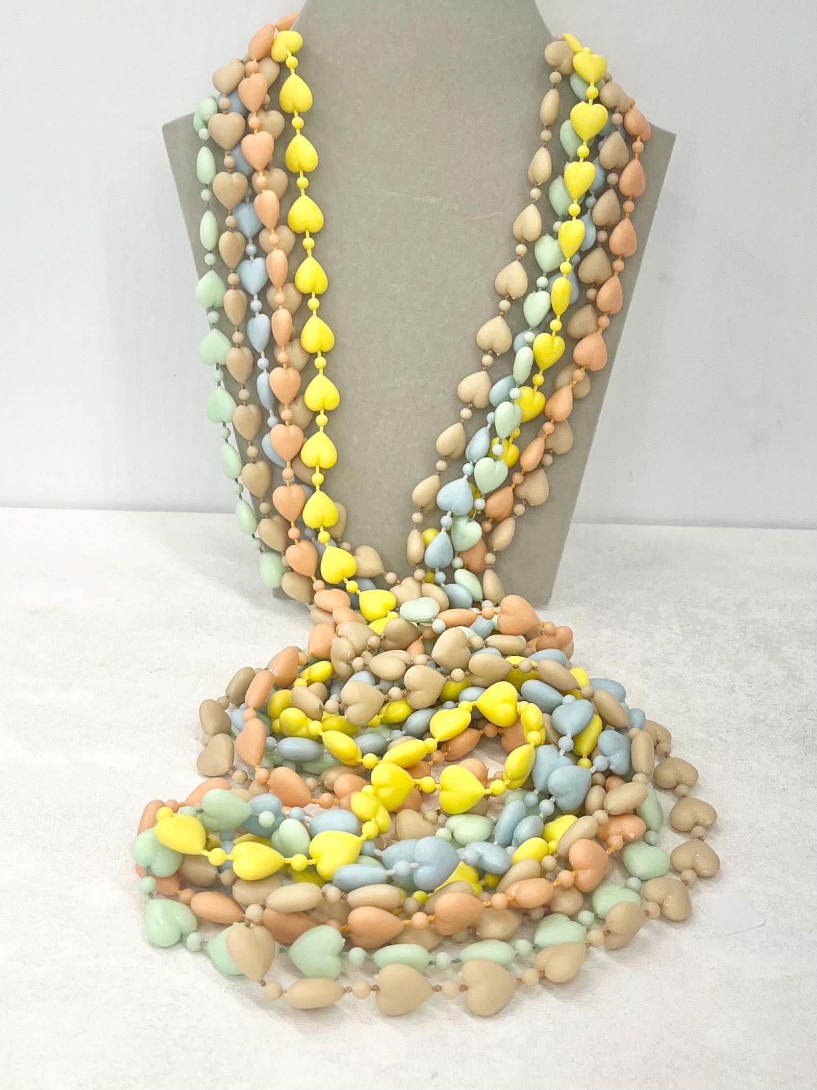 Super Kitsch Acrylic Heart Bead Long Necklace 47” - Choice of Pastel Colours - Tan Peach Sky Blue Yellow Mint Green MillyOliverVintage