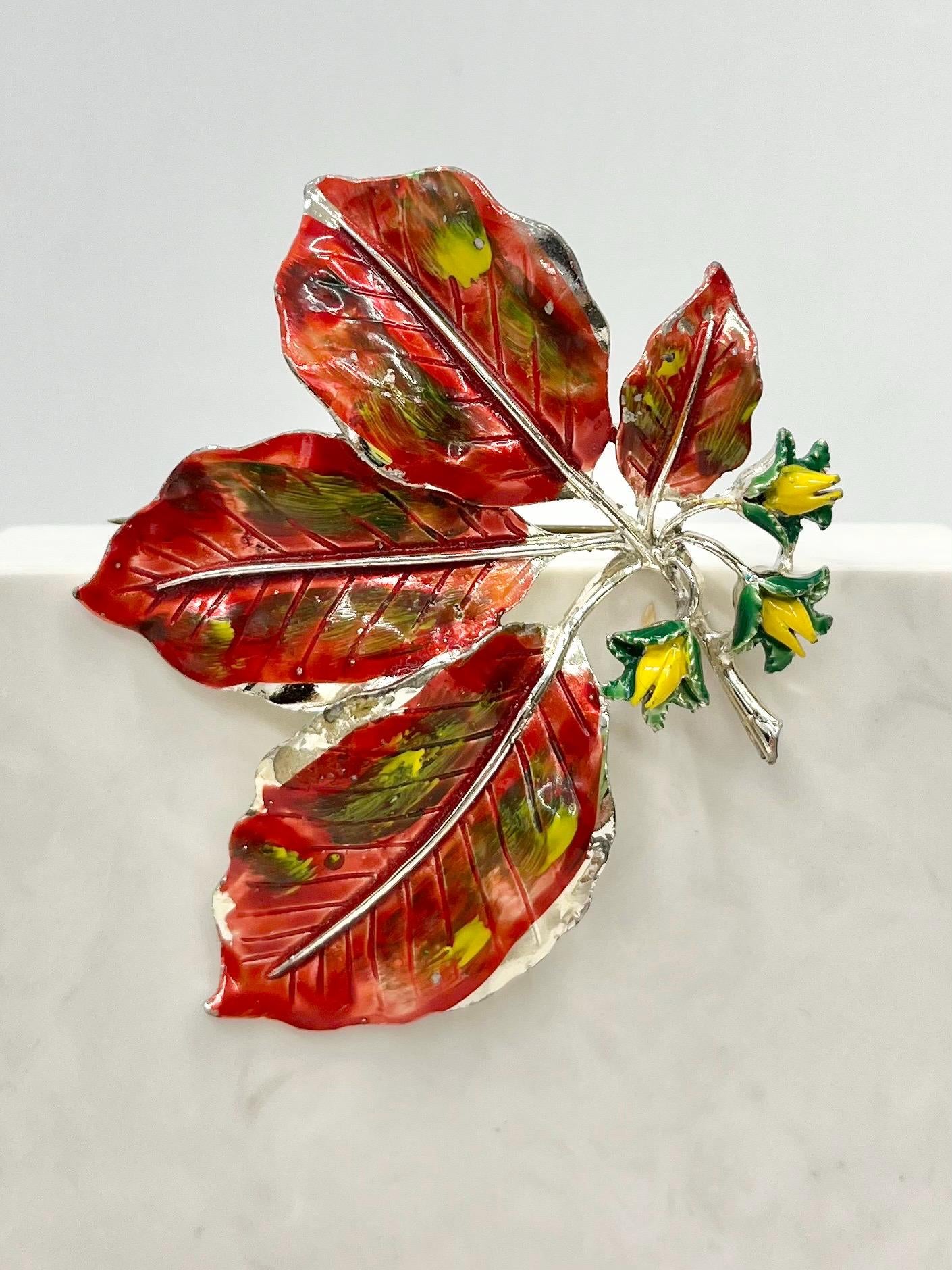 Vintage Exquisite Autumnal Enamelled Leaf & Flower Brooch Silver Tone Large Statement Brooch MillyOliverVintage