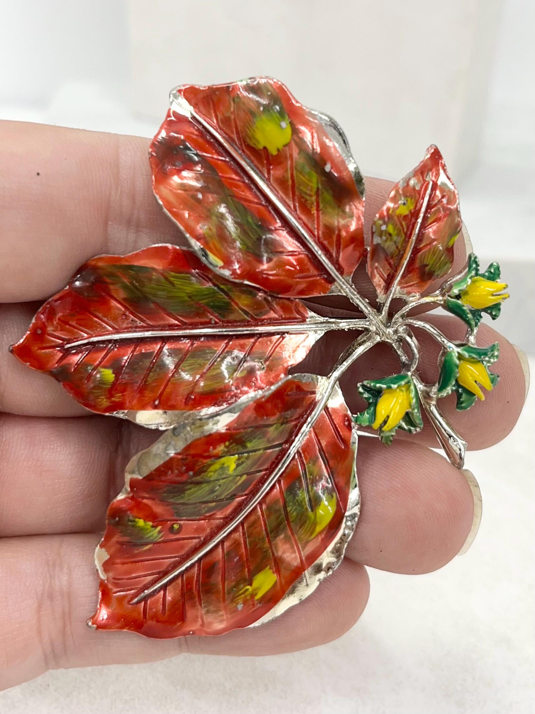 Vintage Exquisite Autumnal Enamelled Leaf & Flower Brooch Silver Tone Large Statement Brooch MillyOliverVintage