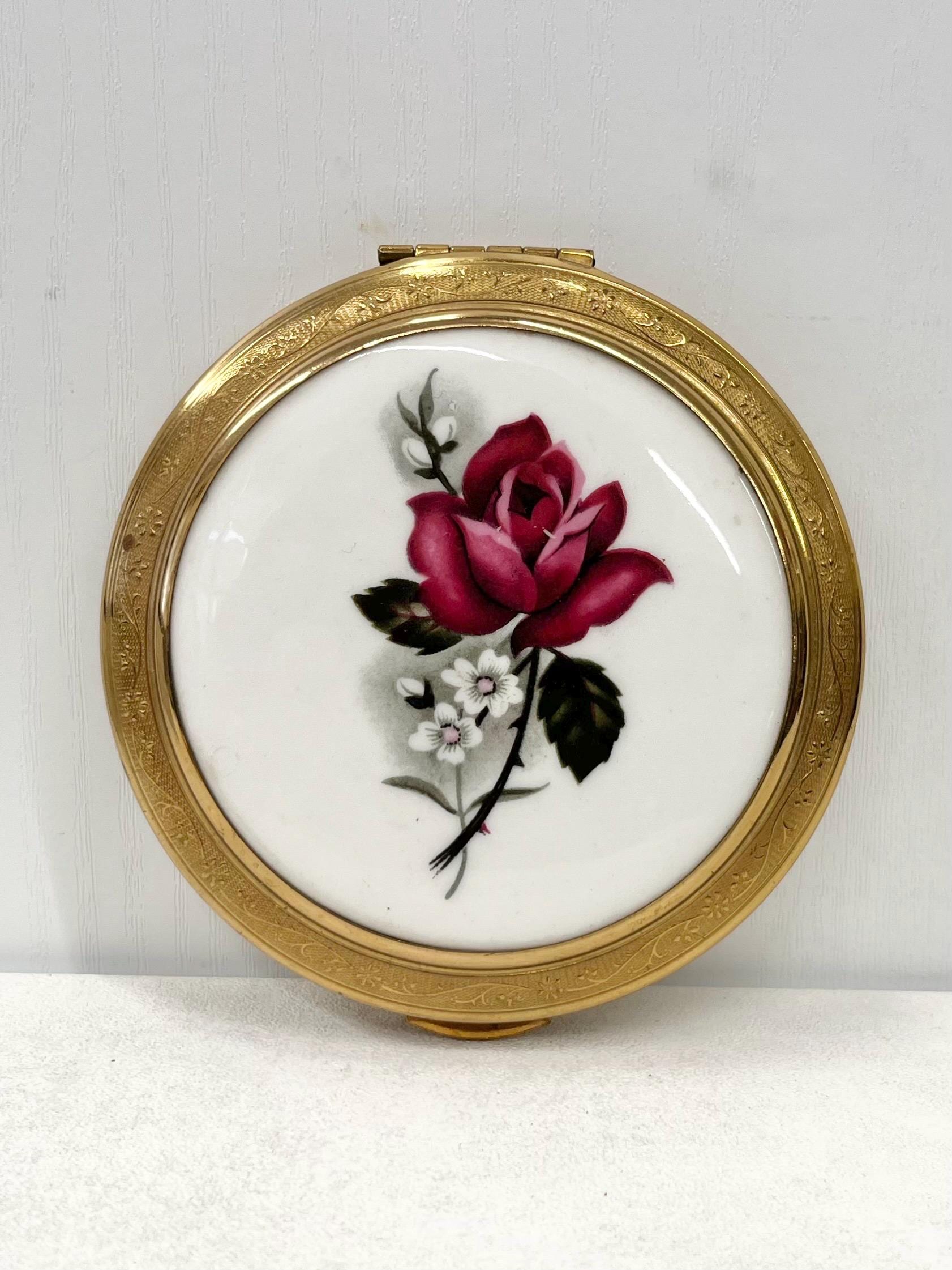 Vintage 1950’s 1960’s Kigu Gold Tone Rose Porcelain Topped Compact with Interior Mirror & Original Instructions Engine Turned Back MillyOliverVintage