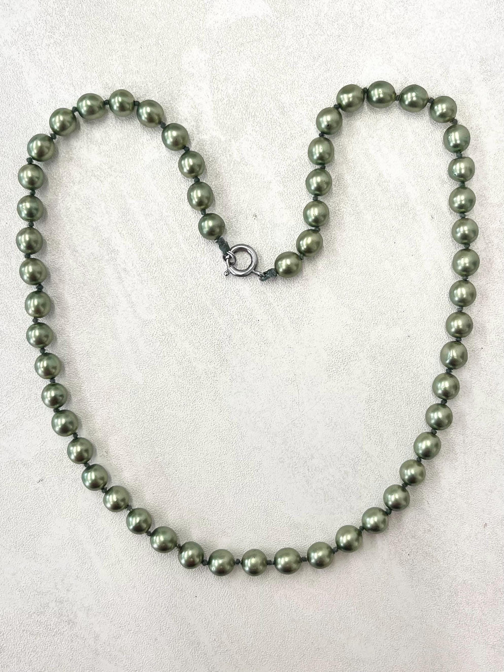 Vintage Handmade 21” Green Glass Pearl Bead Hand Knotted Necklace MillyOliverVintage