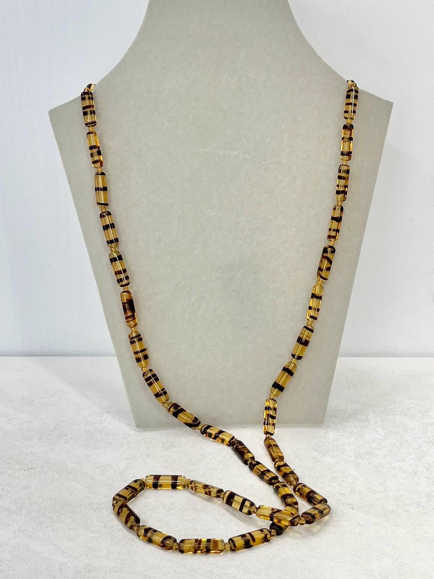 Vintage Topaz Coloured Tigers Stripe Rectangular Glass Bead Long Necklace Excellent Quality Beads Vintage Jewellery 35” MillyOliverVintage