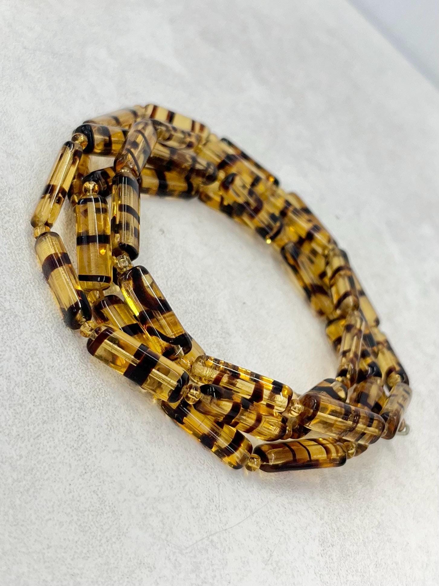 Vintage Topaz Coloured Tigers Stripe Rectangular Glass Bead Long Necklace Excellent Quality Beads Vintage Jewellery 35” MillyOliverVintage