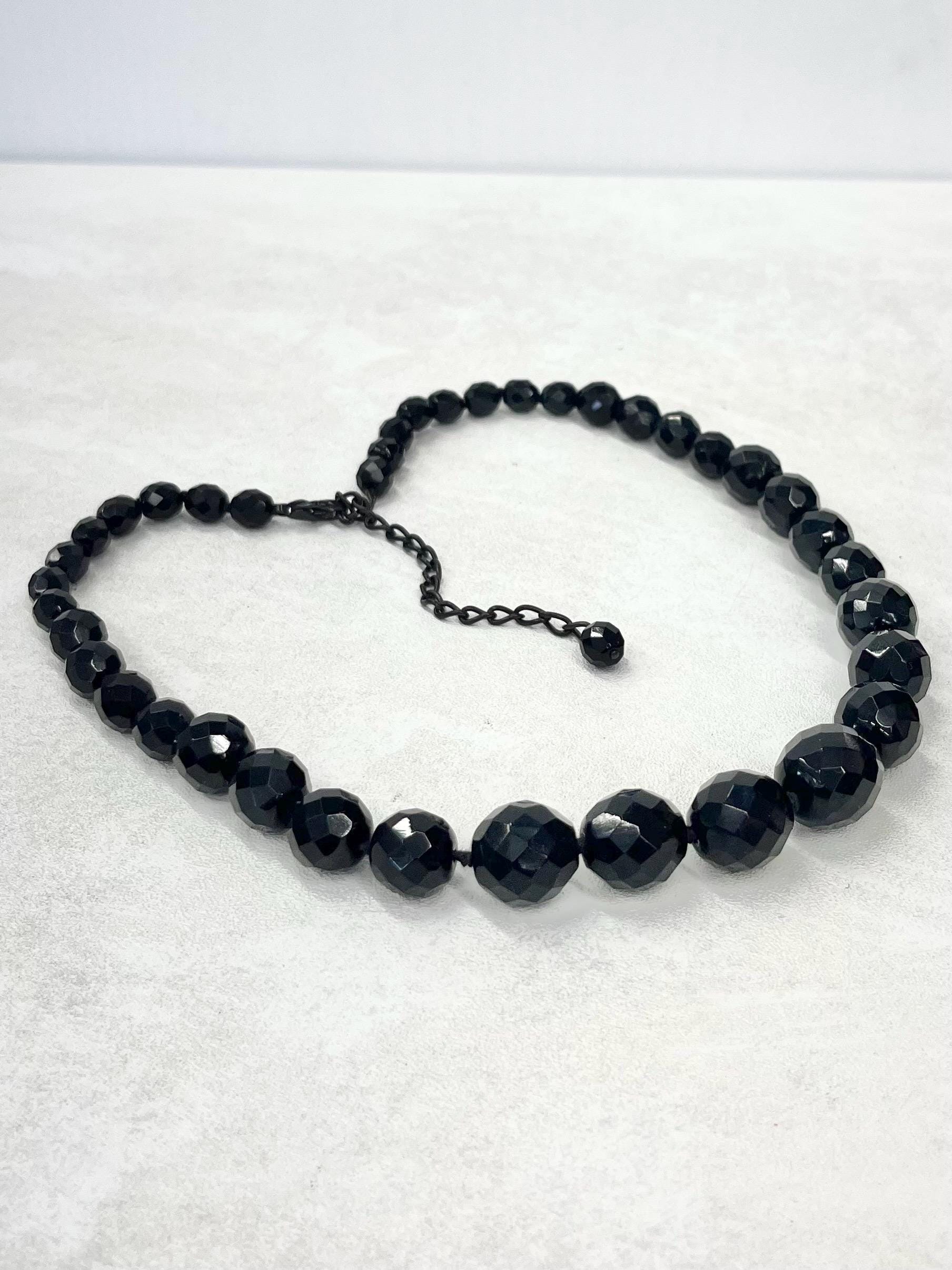 Vintage Hand Knotted Graduated Black Czech Glass Bead Necklace 18” Long with a 4” Extender Chain MillyOliverVintage