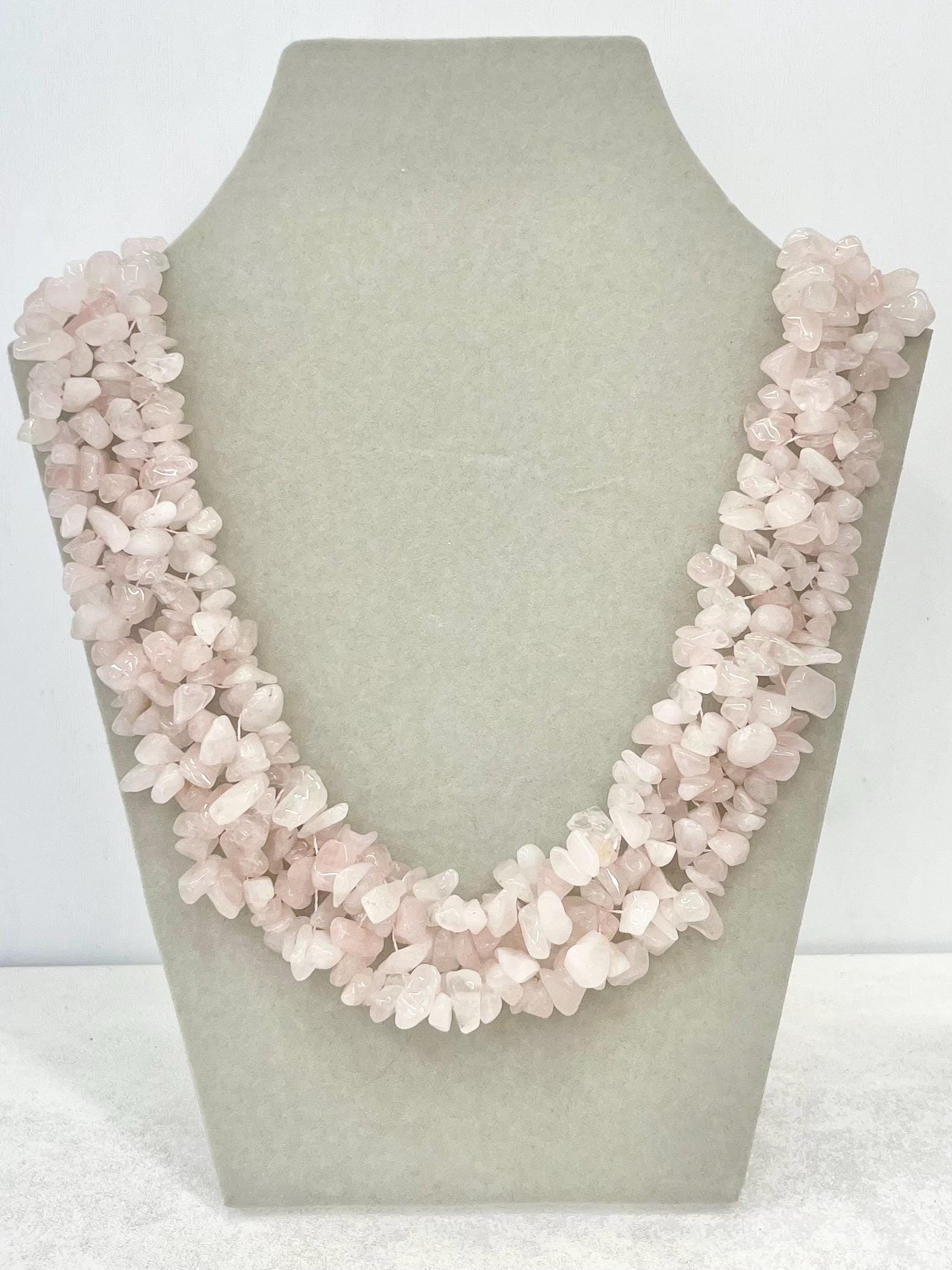 Vintage Handmade Chunky Pink Rose Quartz Cluster Necklace 18” Long MillyOliverVintage