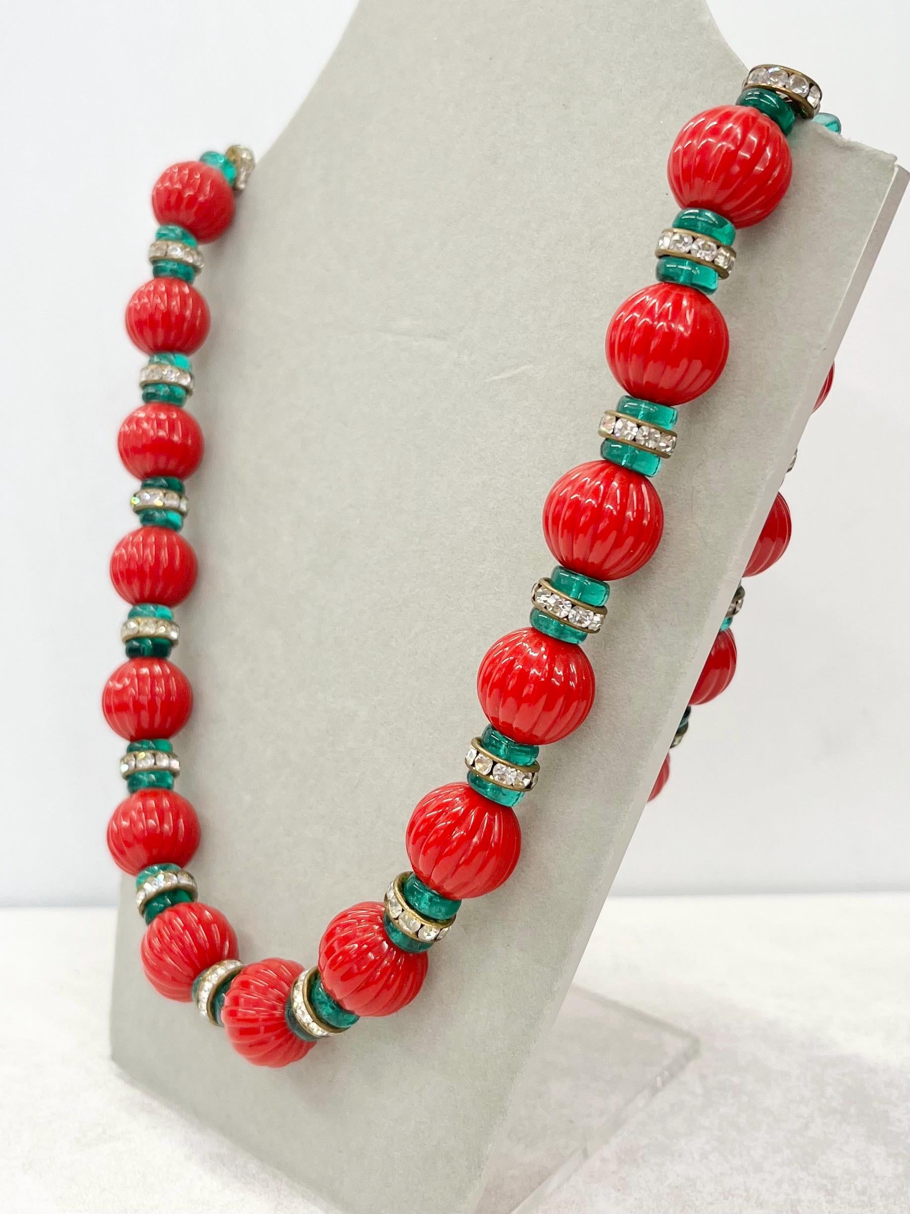Vintage Ribbed Red Green & Diamante Rondelle Bead Necklace Fabulous Christmas Coloured Chunky Necklace 24” MillyOliverVintage