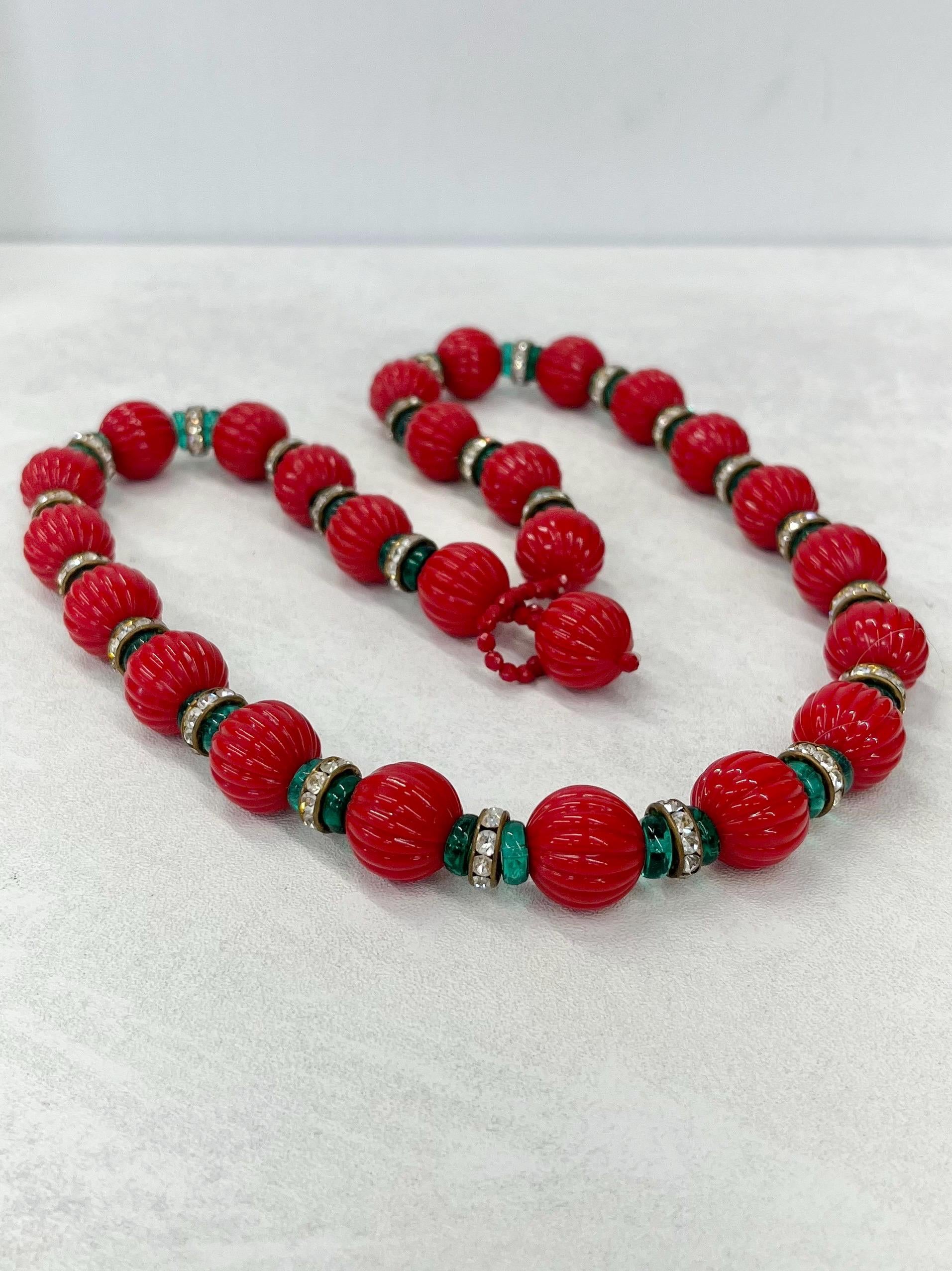 Vintage Ribbed Red Green & Diamante Rondelle Bead Necklace Fabulous Christmas Coloured Chunky Necklace 24” MillyOliverVintage