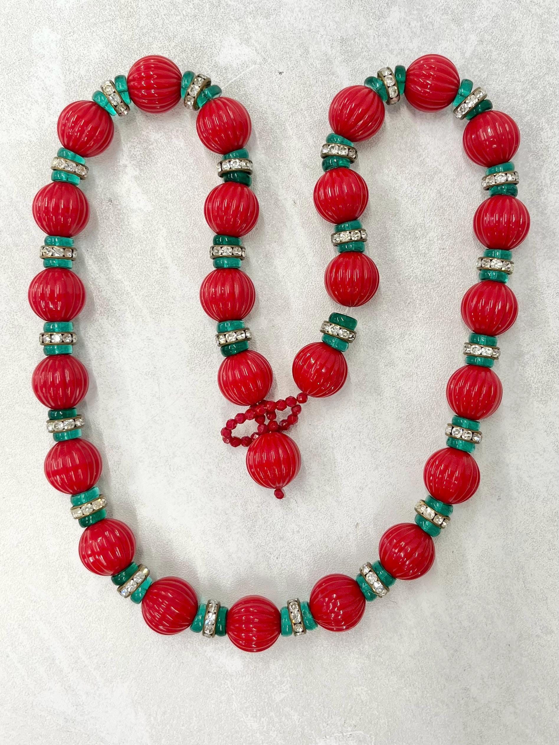 Vintage Ribbed Red Green & Diamante Rondelle Bead Necklace Fabulous Christmas Coloured Chunky Necklace 24” MillyOliverVintage
