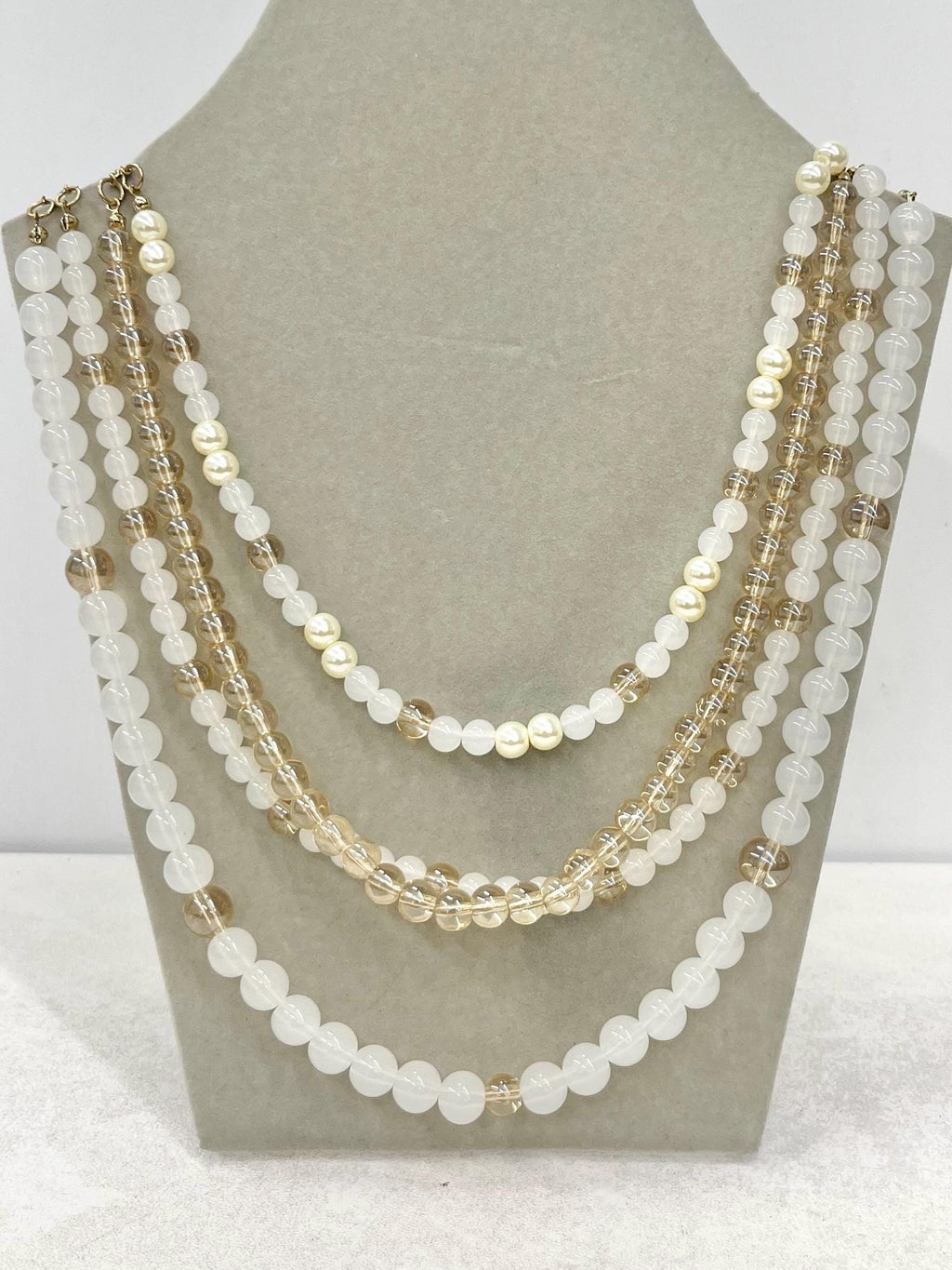 Handmade Multi Four Strand Czech Glass Bead & Pearl Necklace White Opal and Champagne Coloured Beads 18” MillyOliverVintage