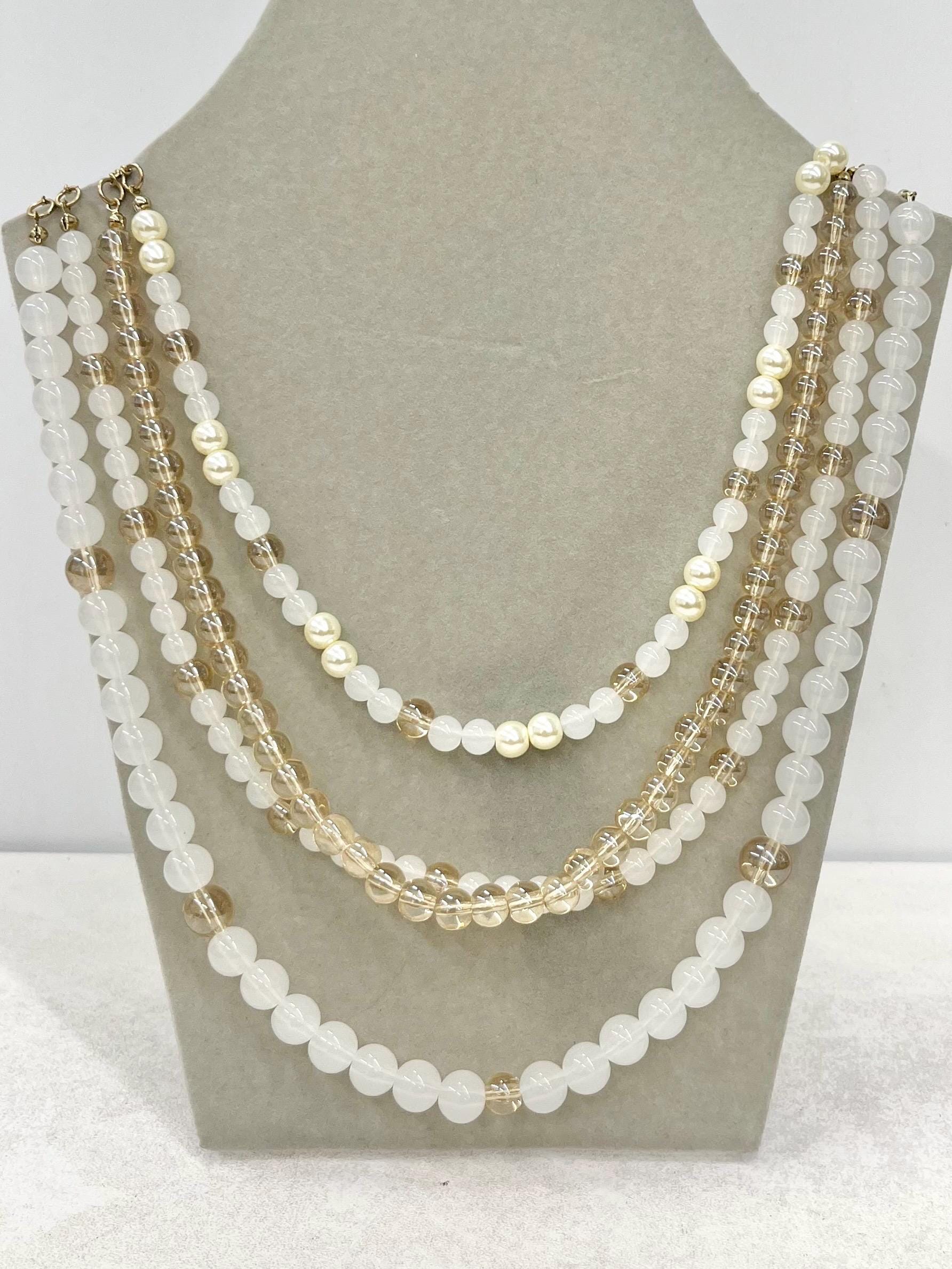 Handmade Multi Four Strand Czech Glass Bead & Pearl Necklace White Opal and Champagne Coloured Beads 18” MillyOliverVintage