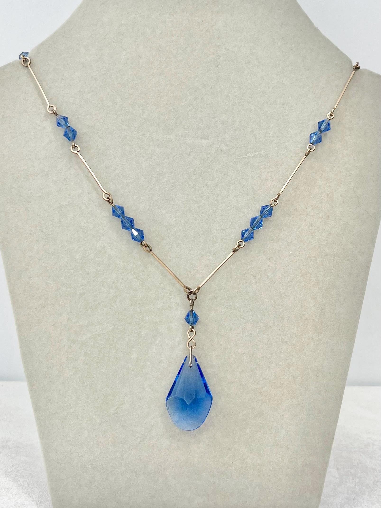 Vintage Sapphire Blue Glass Gold Filled Art Deco Pendant Drop Necklace 15” Long MillyOliverVintage