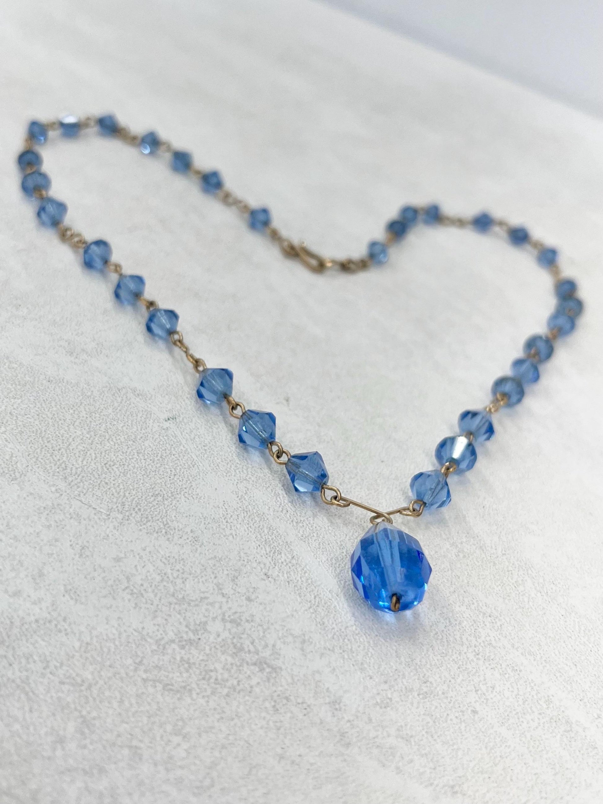 Vintage Sapphire Blue Glass Gold Filled Art Deco Pendant Drop Necklace 17” Long MillyOliverVintage