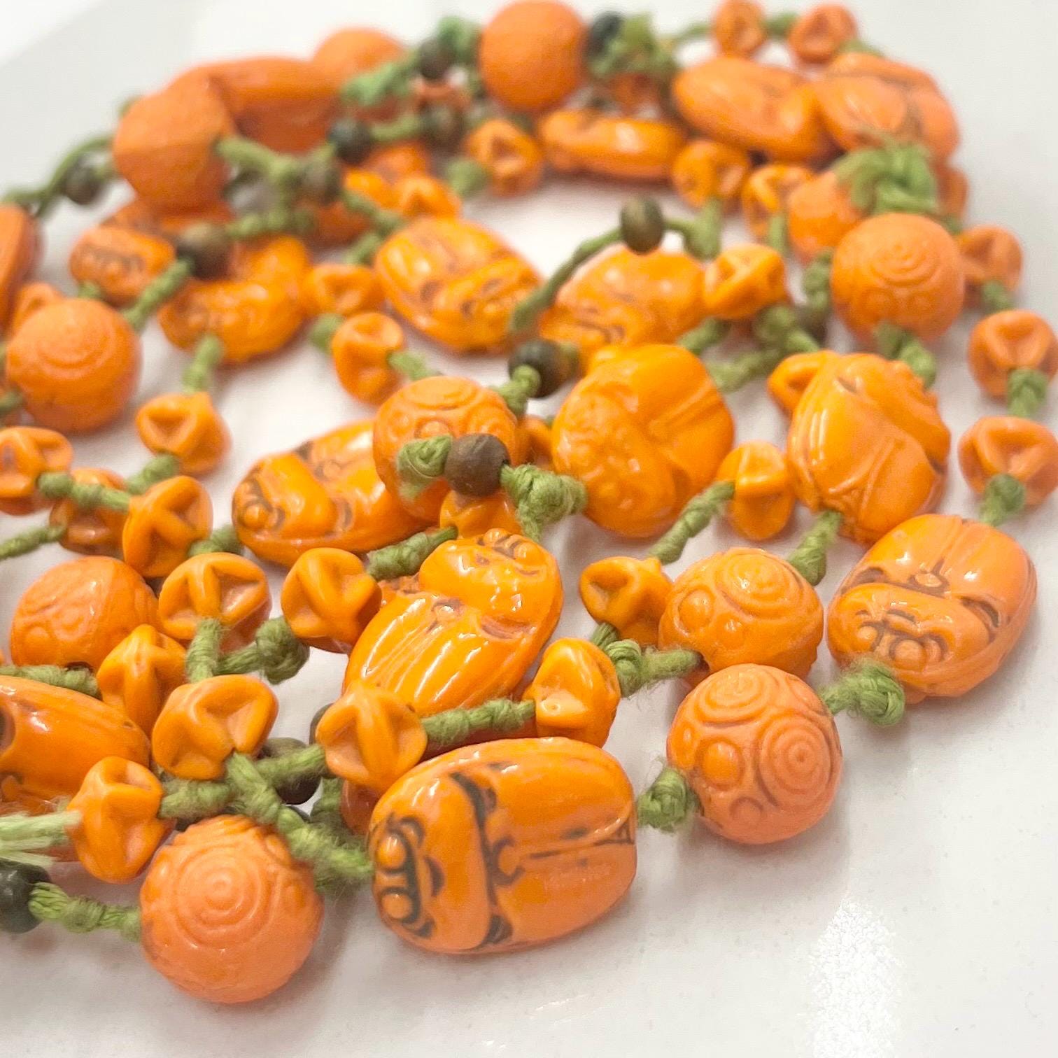 Vintage Art Deco Max Neiger Scarab Beetle Egyptian Revival Glass Bead Necklace 56” Long Orange & Green MillyOliverVintage