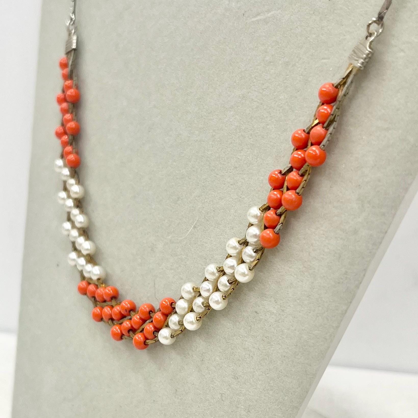 Vintage 16” Silver / Gold Tone Plaited Bead Faux Pearl Chain Necklace 1970’s - 1980’s Orange & White MillyOliverVintage