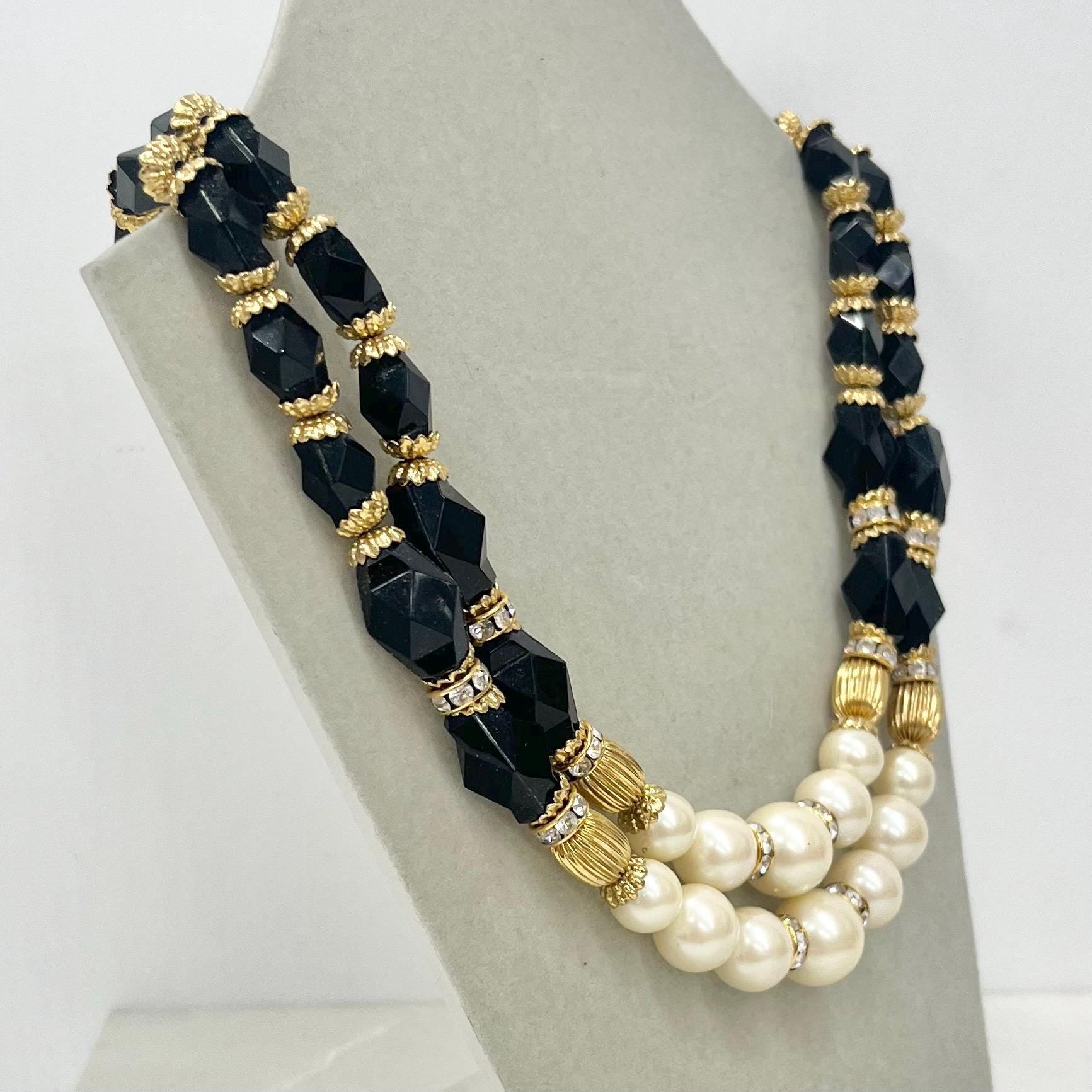 Vintage Two Strand Black & Cream Faux Pearl Acrylic Bead Necklace Signed 1928 16” with a 4” Extender Chain MillyOliverVintage