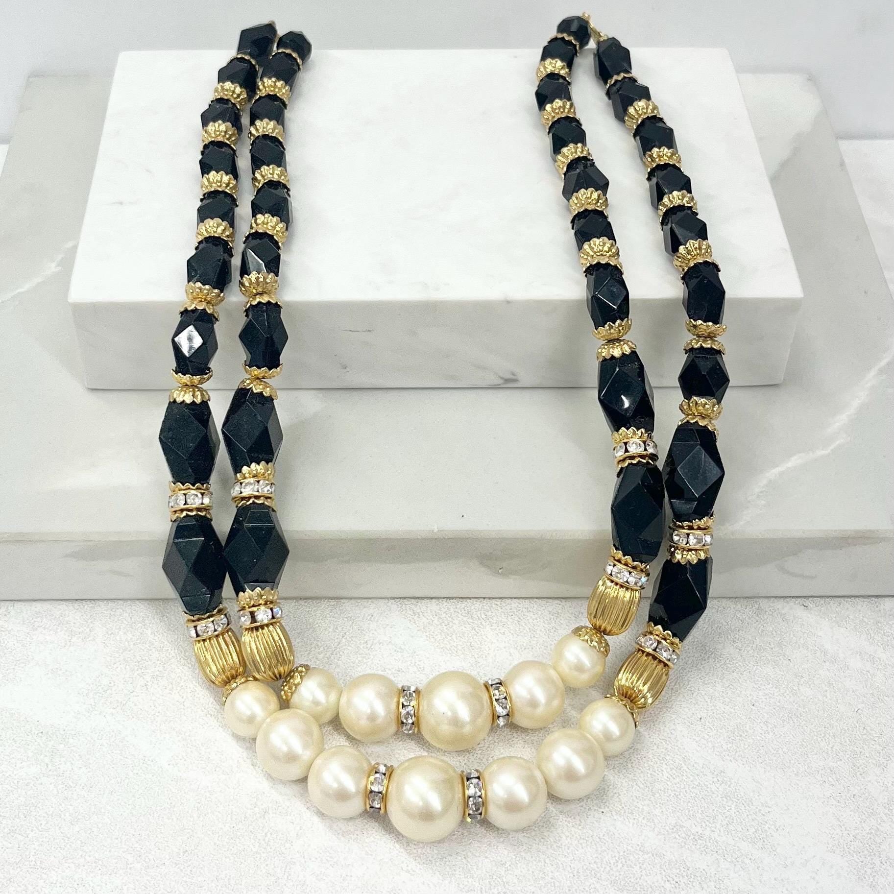 Vintage Two Strand Black & Cream Faux Pearl Acrylic Bead Necklace Signed 1928 16” with a 4” Extender Chain MillyOliverVintage