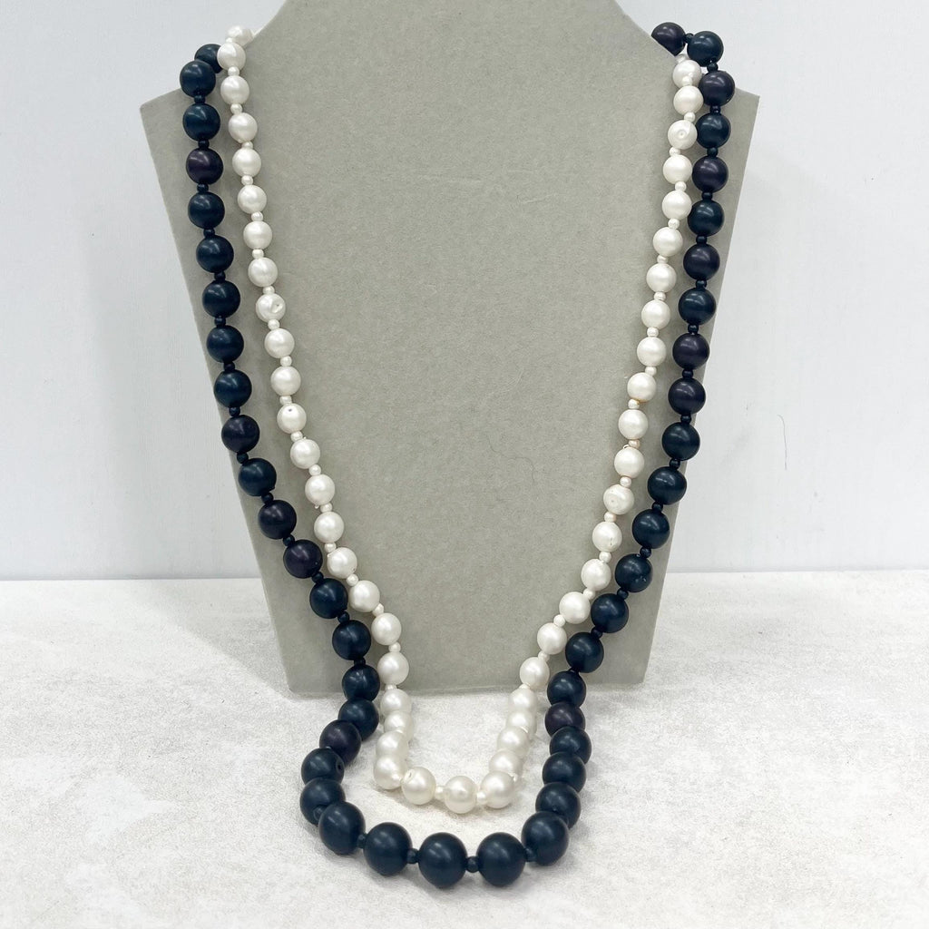 Vintage Two Strand Black/Navy & White Faux Pearl Acrylic Bead Necklace Signed Empire Made 23” Long MillyOliverVintage