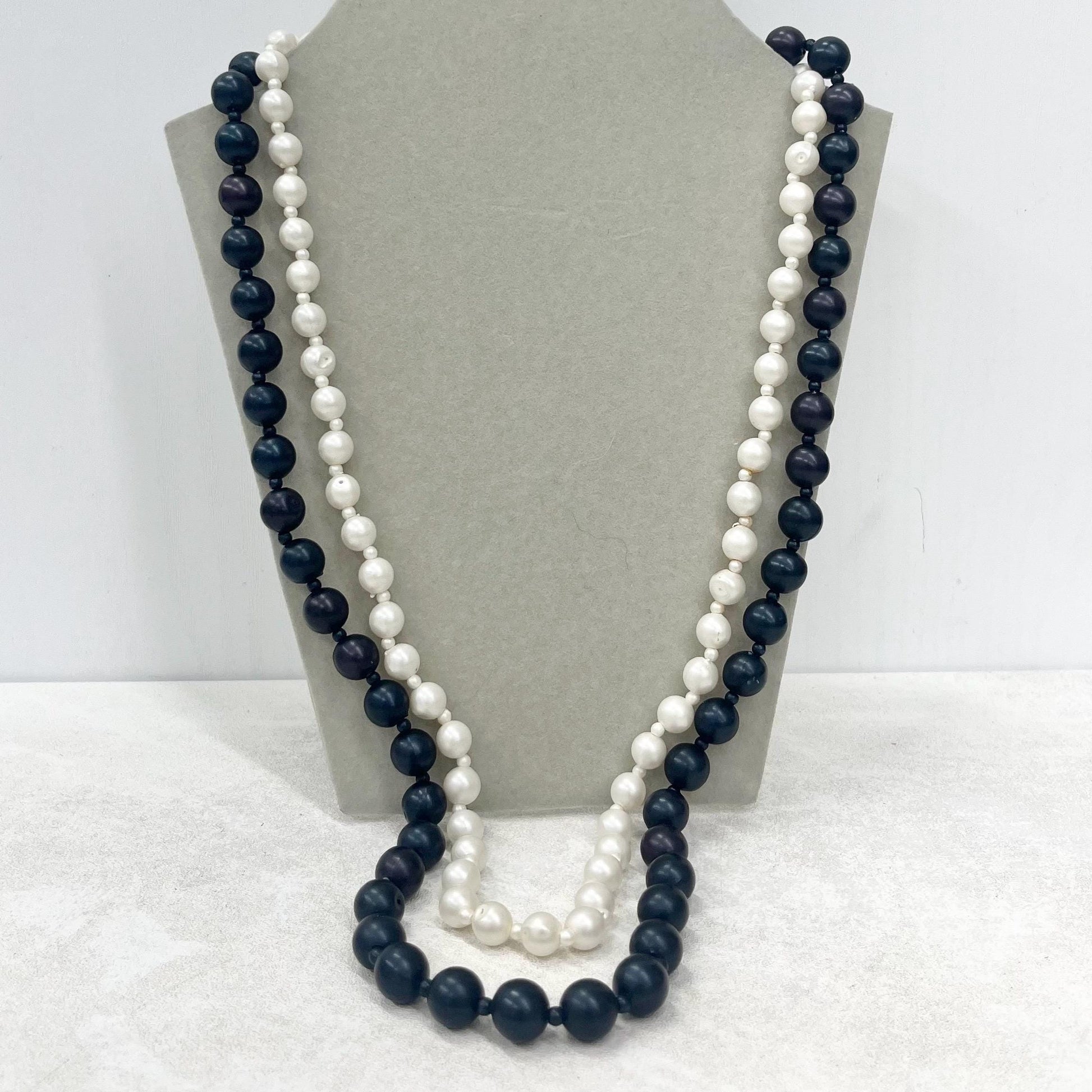 Vintage Two Strand Black/Navy & White Faux Pearl Acrylic Bead Necklace Signed Empire Made 23” Long MillyOliverVintage