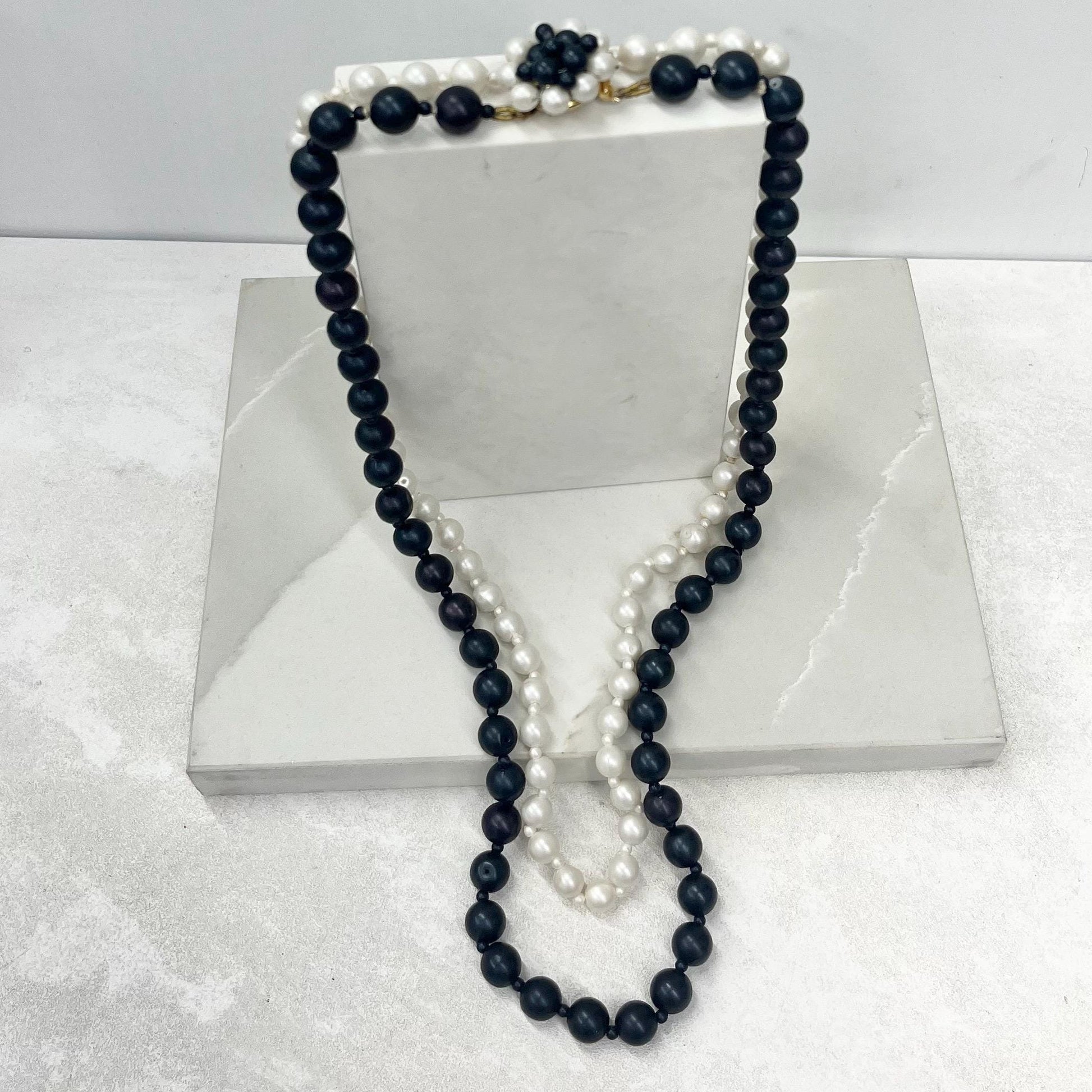 Vintage Two Strand Black/Navy & White Faux Pearl Acrylic Bead Necklace Signed Empire Made 23” Long MillyOliverVintage