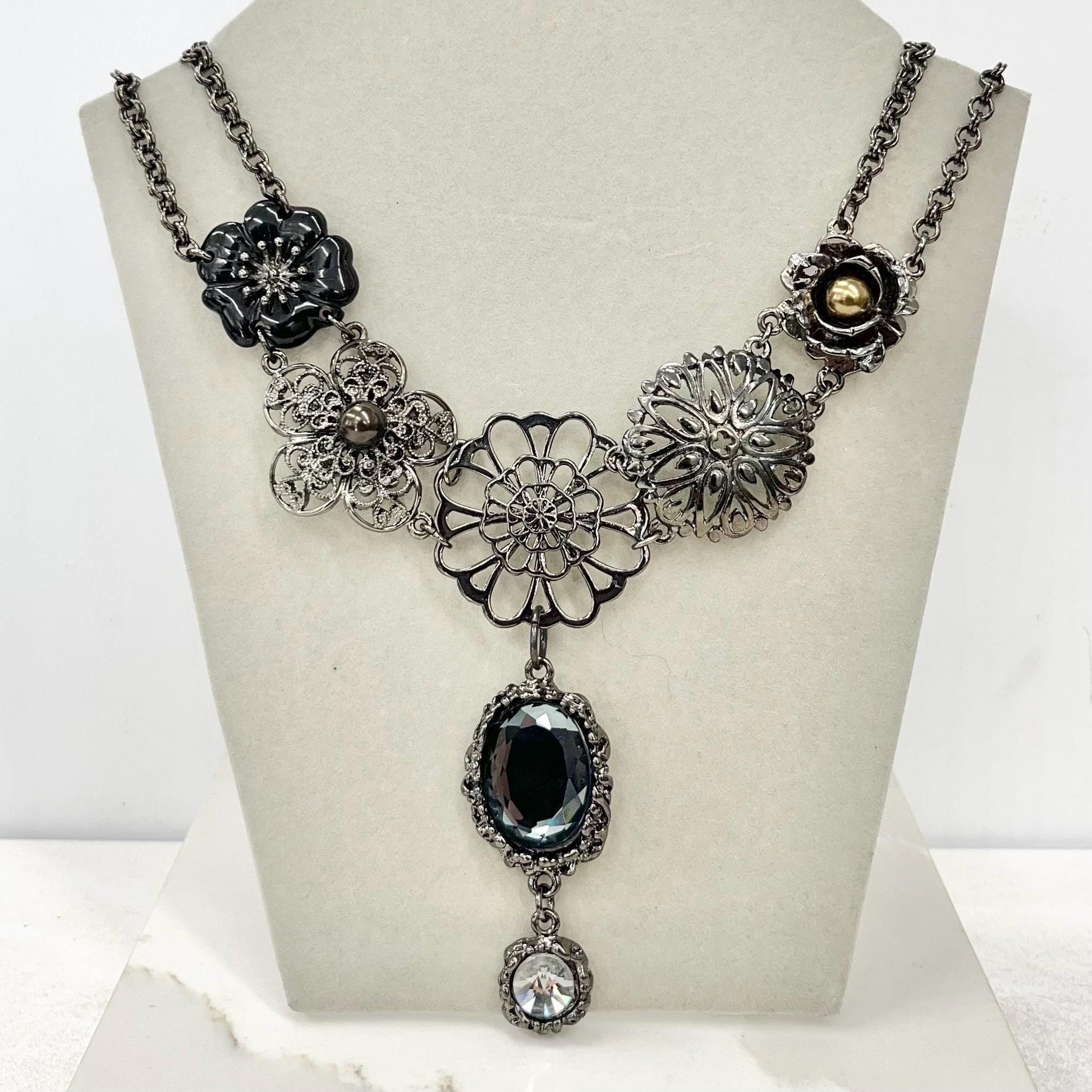 Gothic Inspired Gunmetal Grey Statement Crystal Drop Necklace - by Milly Oliver MillyOliverVintage
