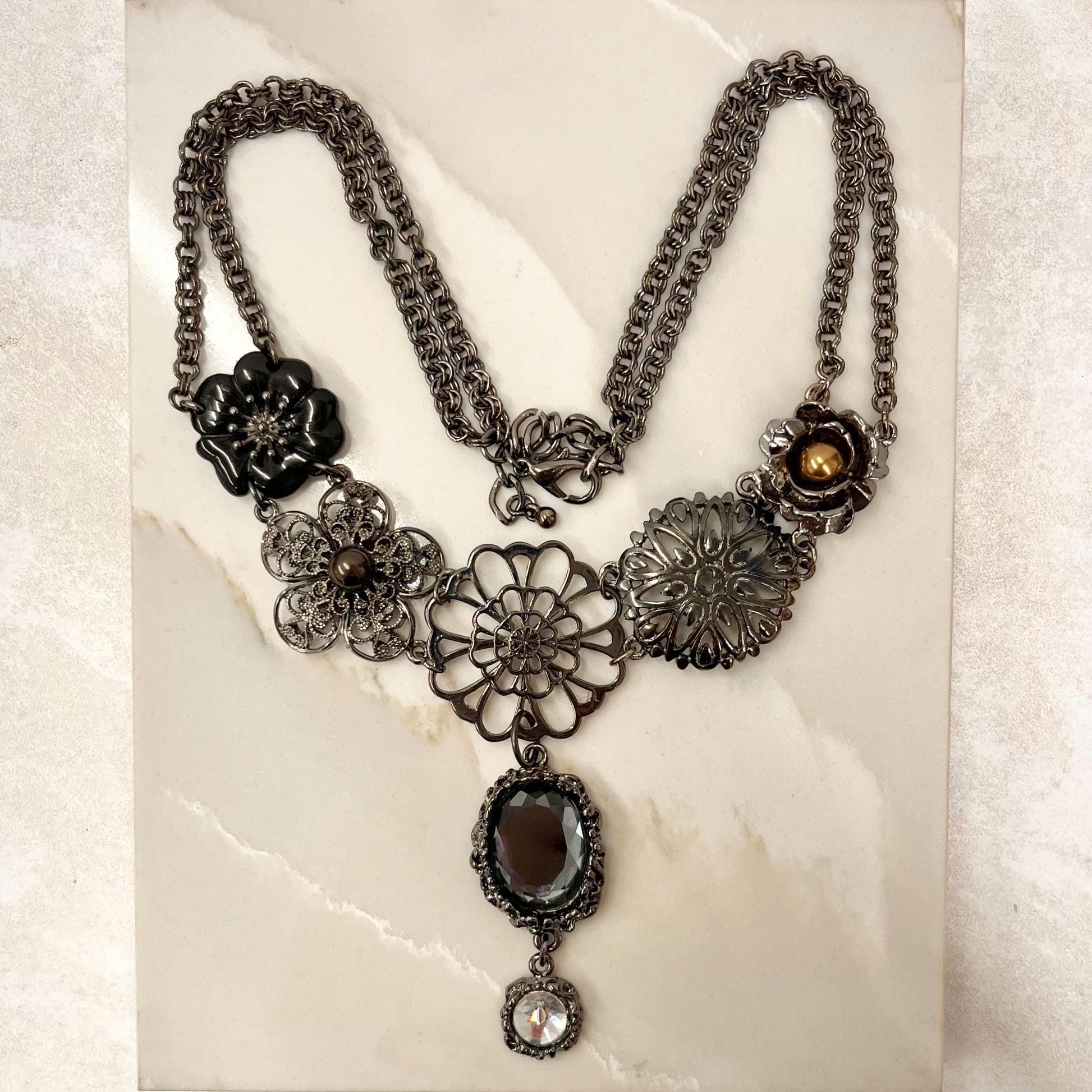 Gothic Inspired Gunmetal Grey Statement Crystal Drop Necklace - by Milly Oliver MillyOliverVintage