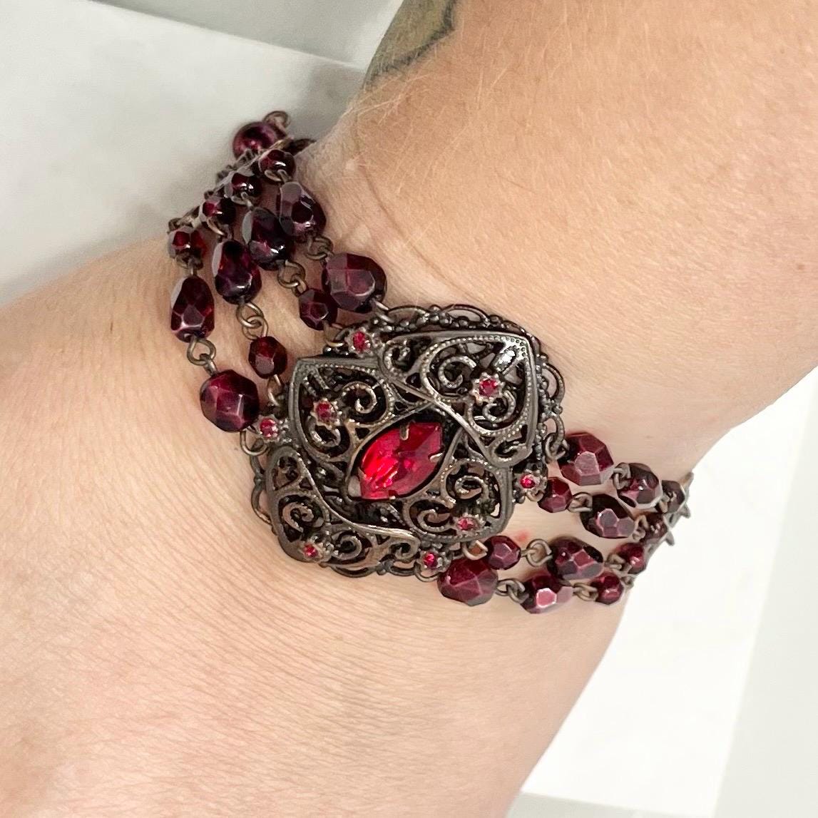 Victorian Gothic Inspired Antiqued Copper Burgundy and Red Crystal Bracelet - by Milly Oliver MillyOliverVintage