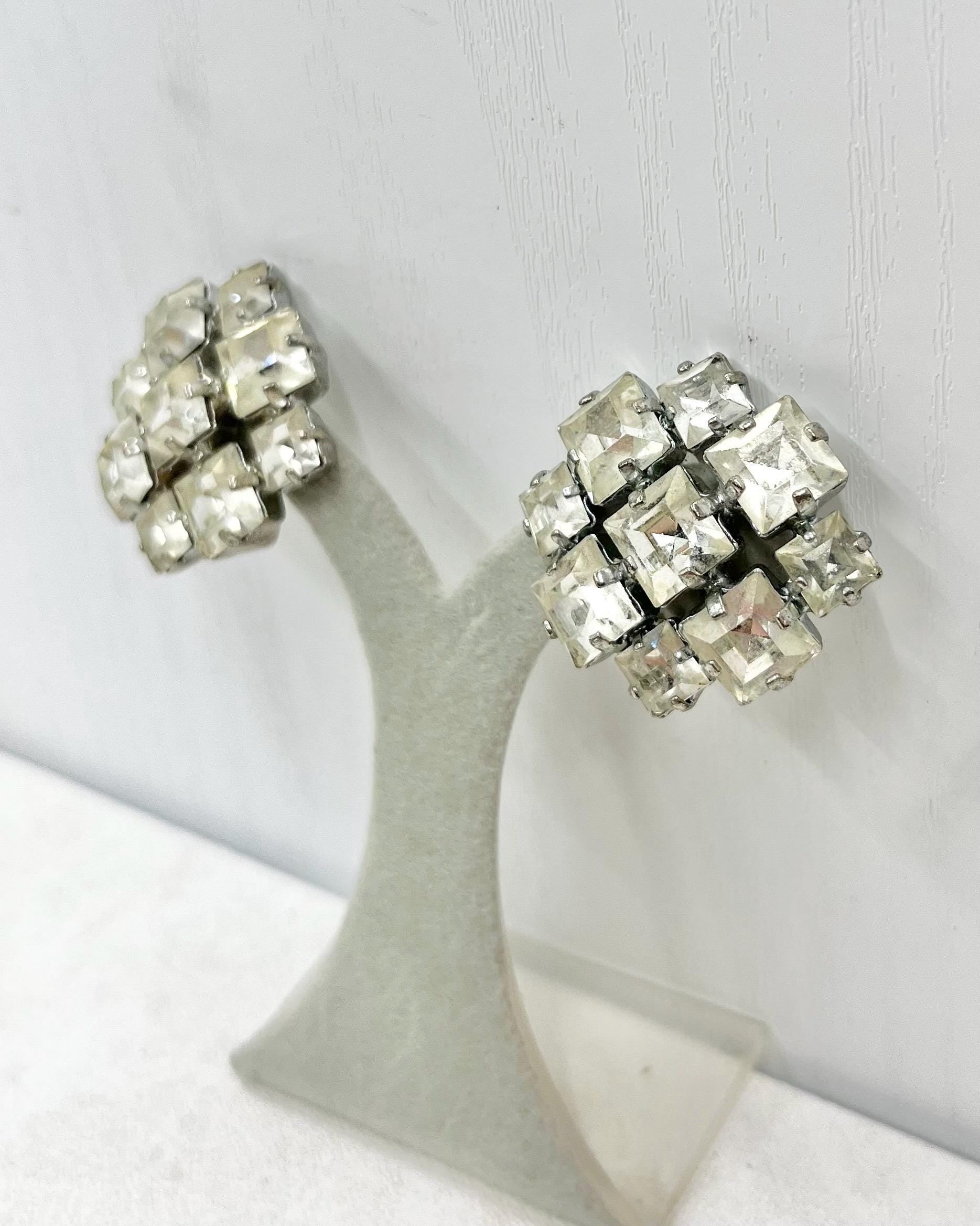 Vintage Square Clear Glass Crystal Silver Tone Clip On Earrings Statement Size MillyOliverVintage