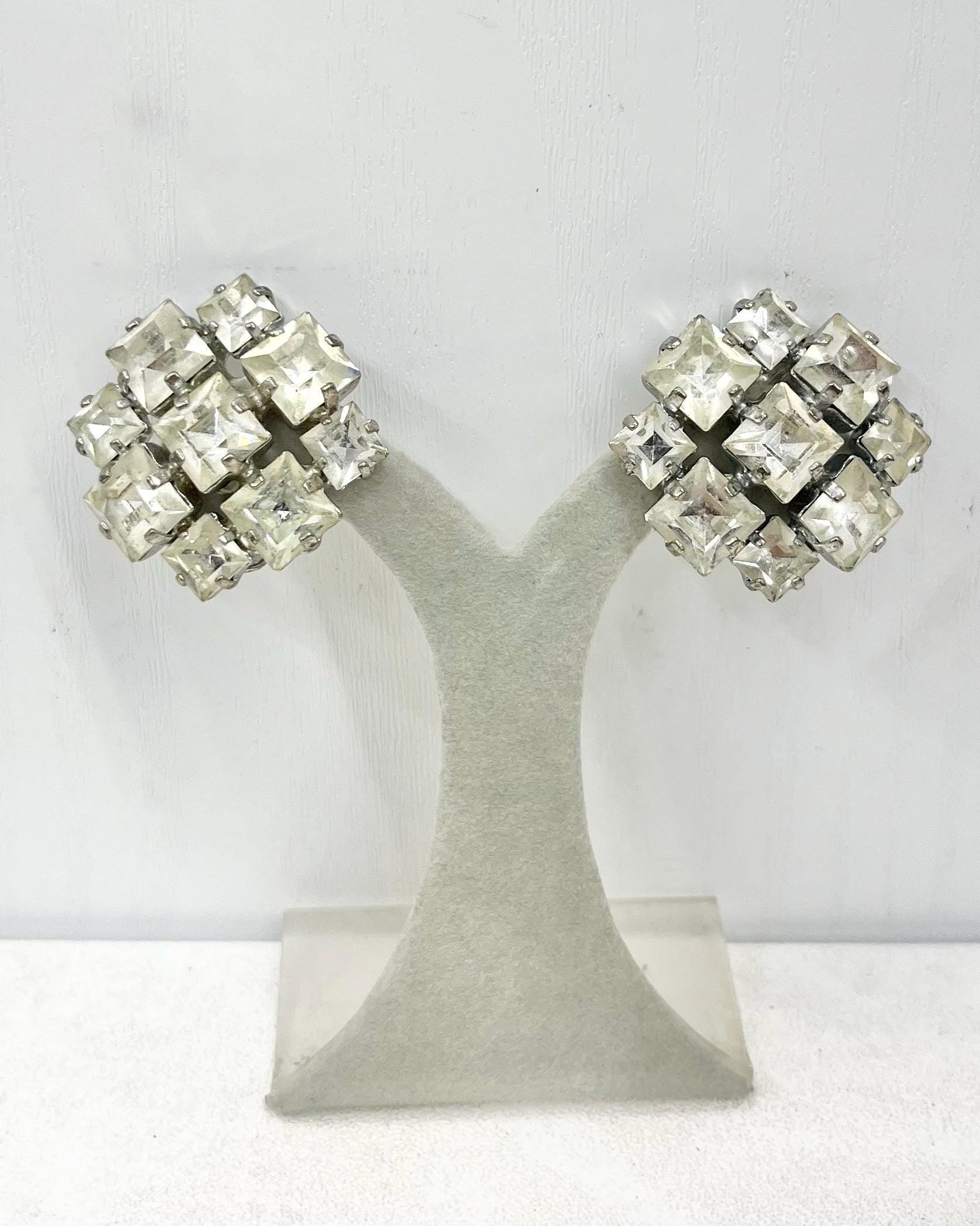 Vintage Square Clear Glass Crystal Silver Tone Clip On Earrings Statement Size MillyOliverVintage