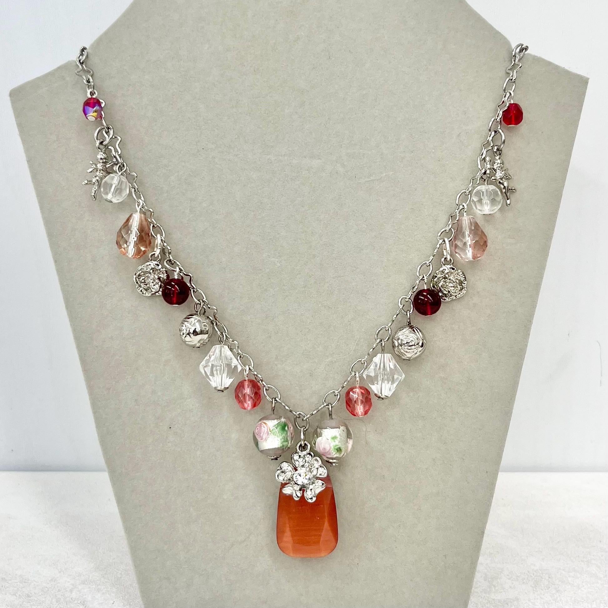 Peach Pink & Red Glass and Crystal Beaded Cherub and Flower Charm Drop Necklace 20” Long Chain - by Milly Oliver MillyOliverVintage