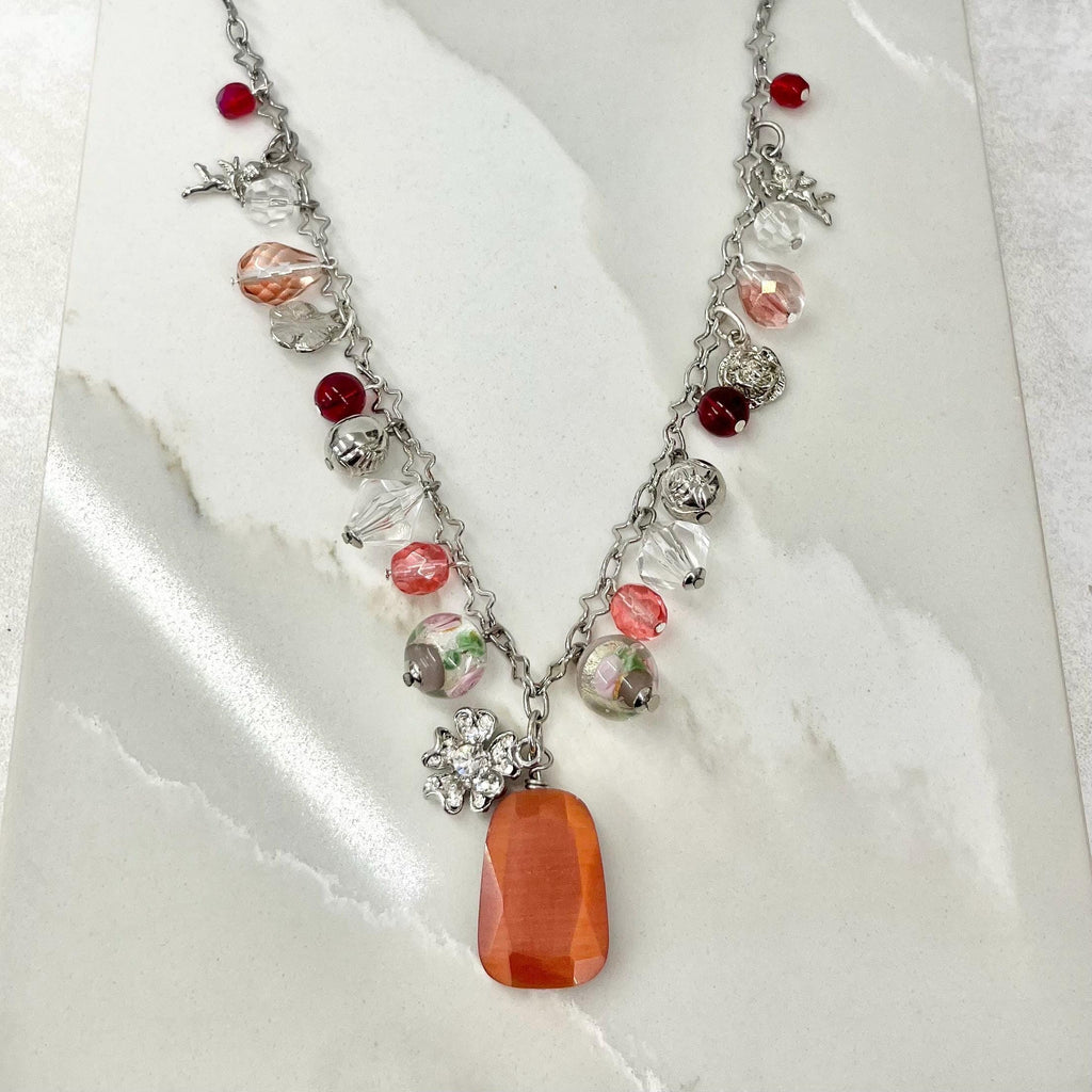 Peach Pink & Red Glass and Crystal Beaded Cherub and Flower Charm Drop Necklace 20” Long Chain - by Milly Oliver MillyOliverVintage