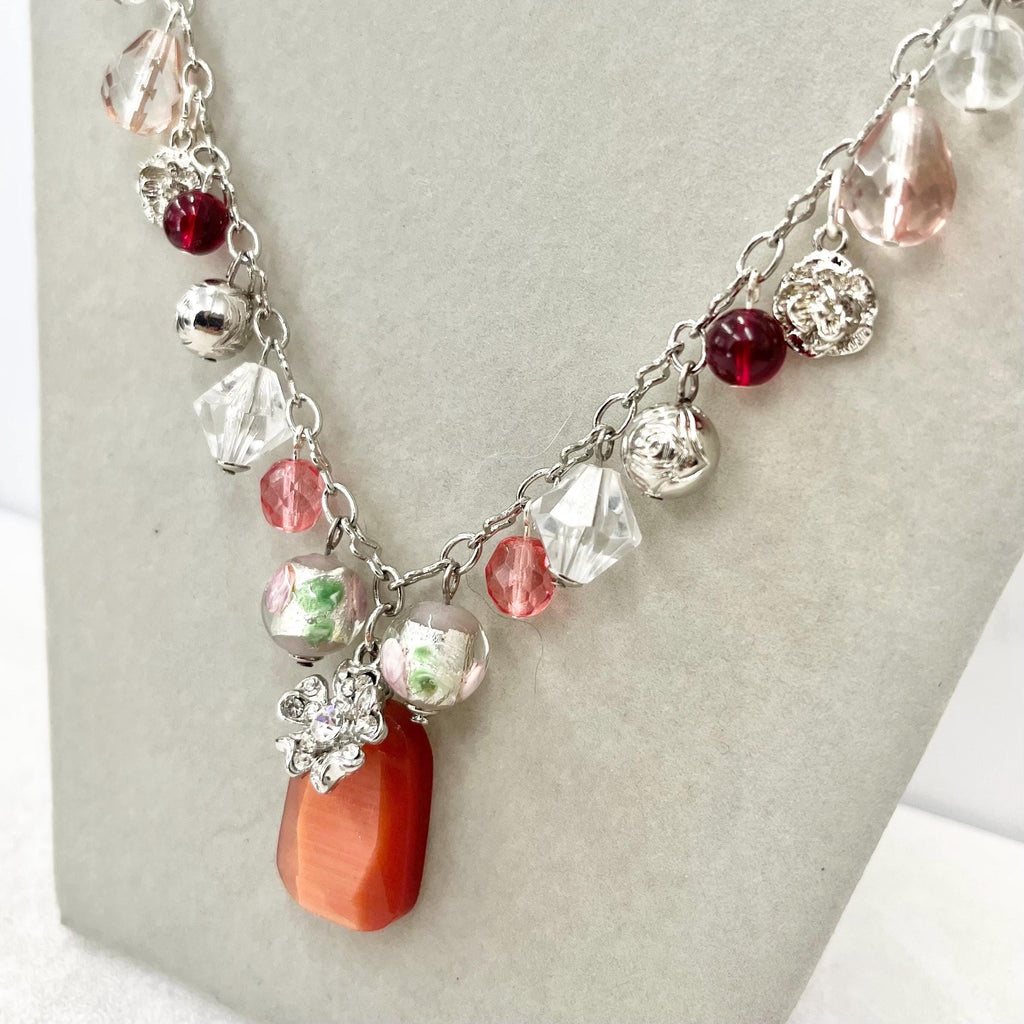 Peach Pink & Red Glass and Crystal Beaded Cherub and Flower Charm Drop Necklace 20” Long Chain - by Milly Oliver MillyOliverVintage