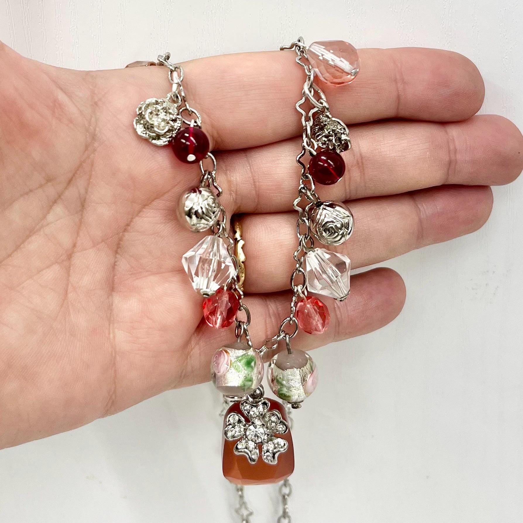 Peach Pink & Red Glass and Crystal Beaded Cherub and Flower Charm Drop Necklace 20” Long Chain - by Milly Oliver MillyOliverVintage