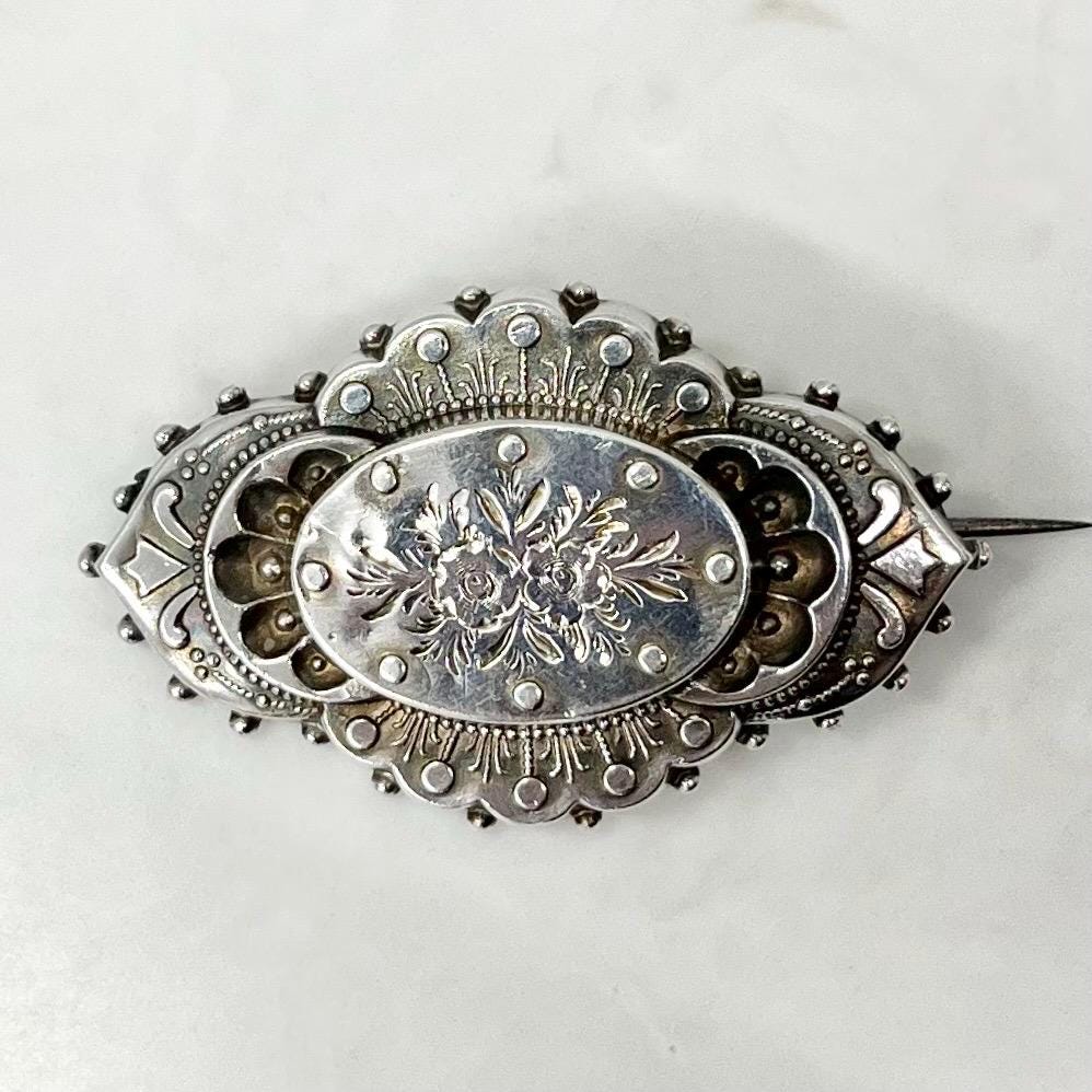 Antique Victorian Floral Engraved Sterling Silver Brooch Fully Hallmarked Birmingham 1882 1883 MillyOliverVintage