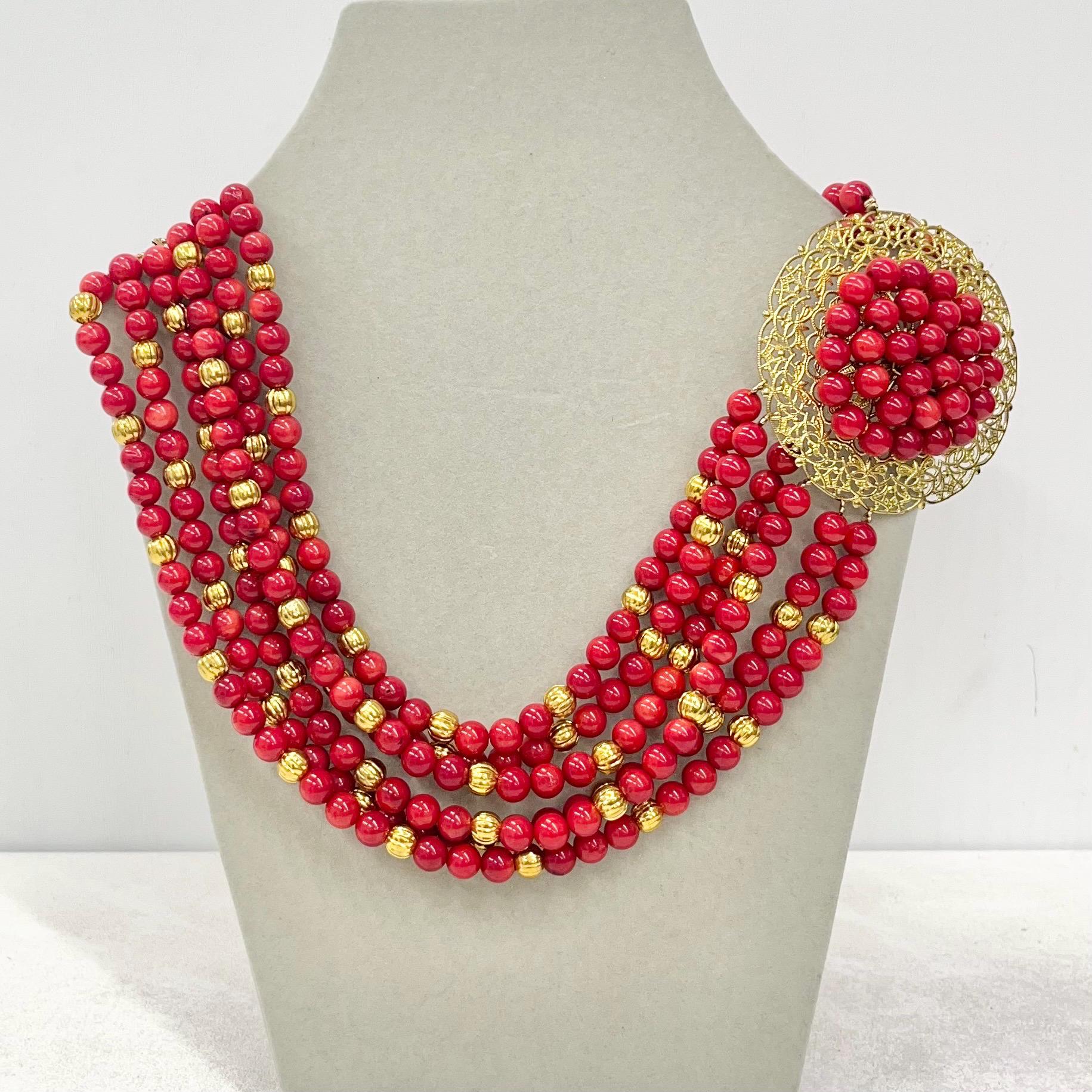 Vintage Red Coral Multi Strand Choker Necklace Statement Red Carpet Piece MillyOliverVintage