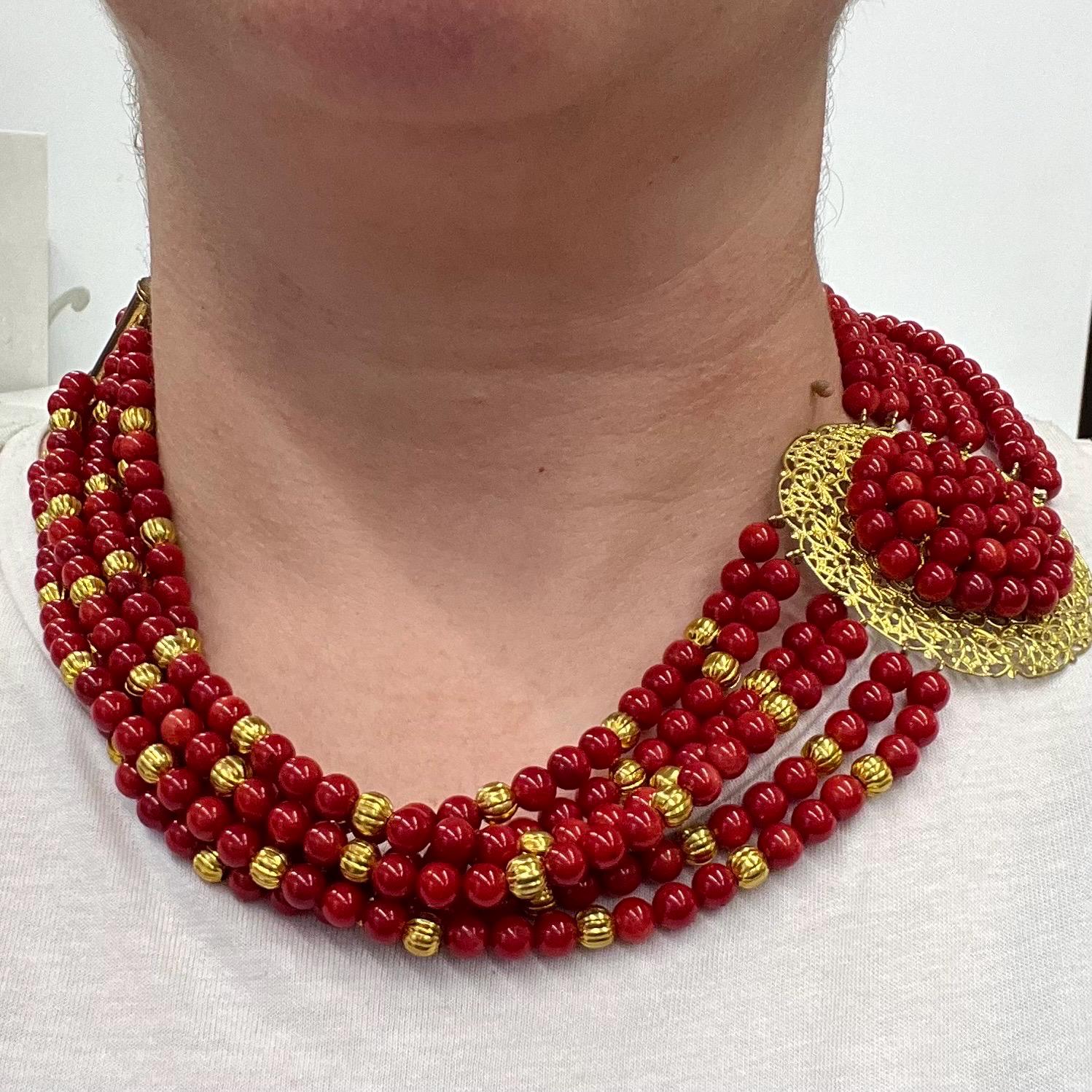 Vintage Red Coral Multi Strand Choker Necklace Statement Red Carpet Piece MillyOliverVintage