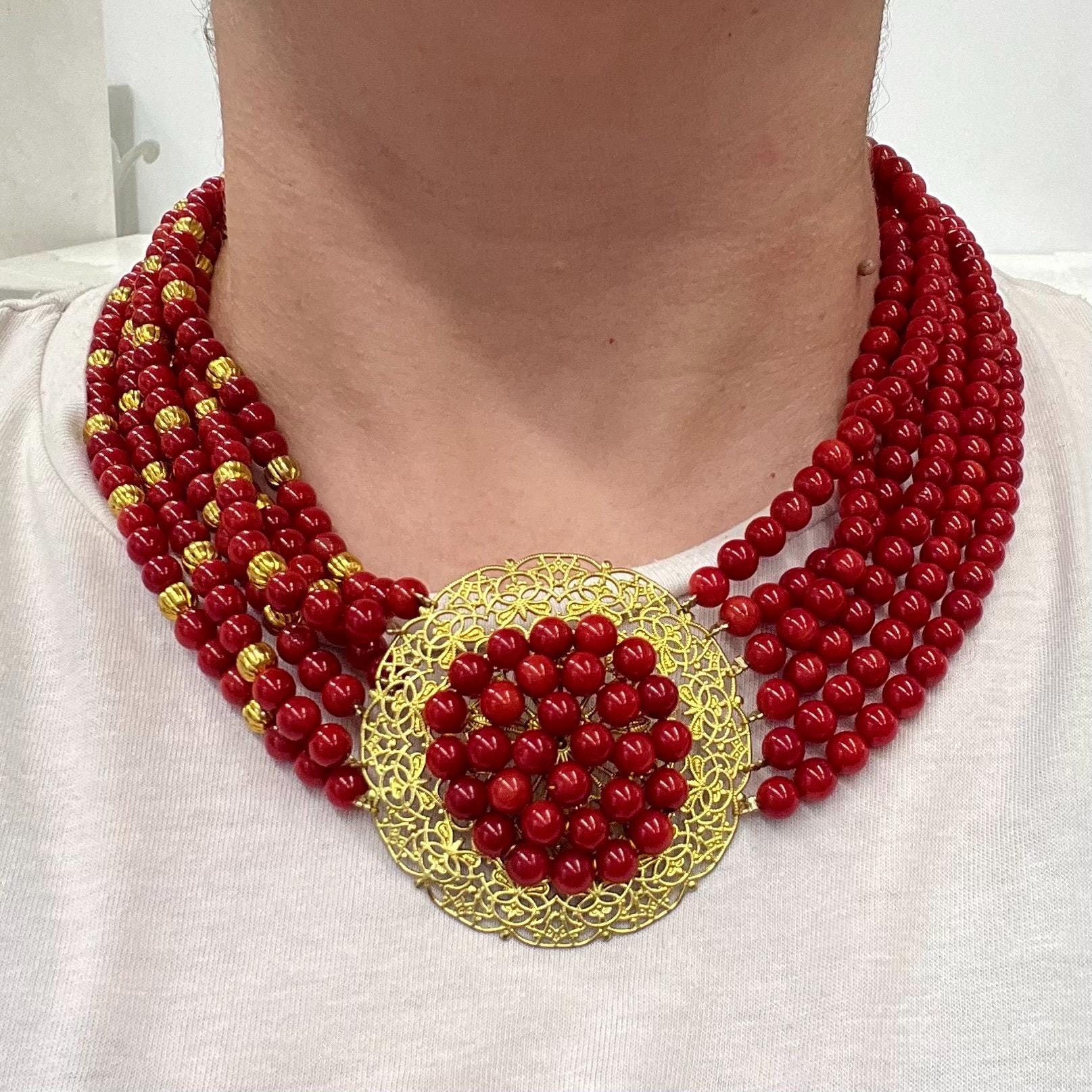 Vintage Red Coral Multi Strand Choker Necklace Statement Red Carpet Piece MillyOliverVintage