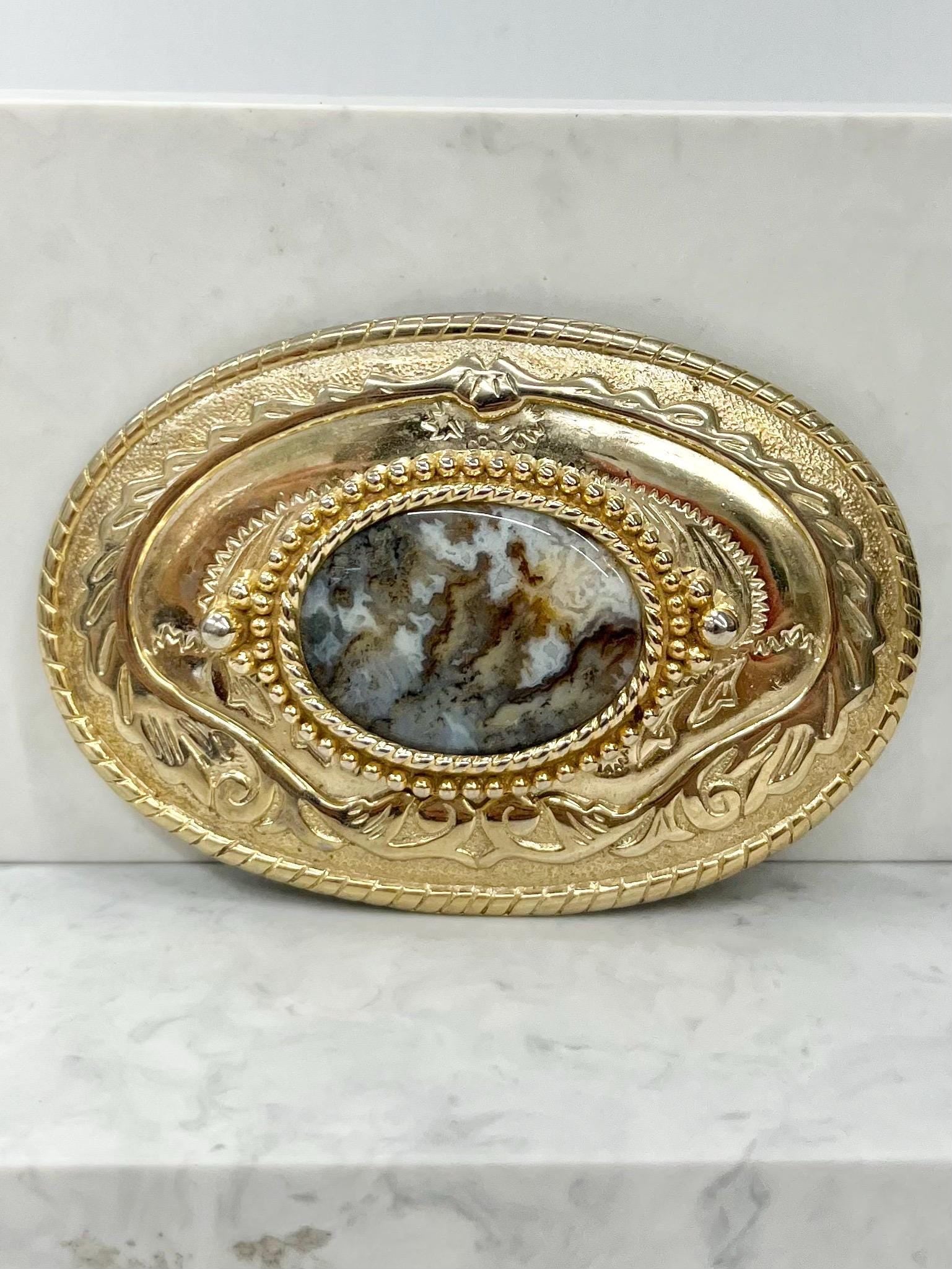Vintage Heavy Brass Real Agate Semi Precious Gemstone Belt Buckle MillyOliverVintage