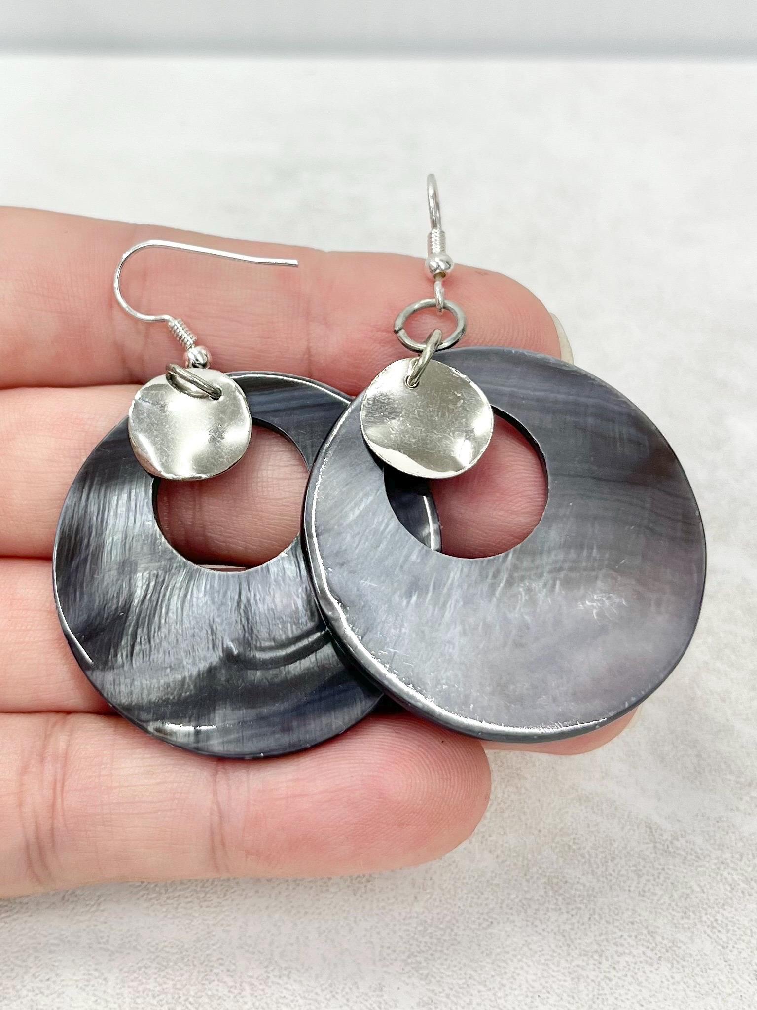 Mother of Pearl Shell Circle & Silver Plate Earrings - for Pierced Ears - by Milly Oliver MillyOliverVintage