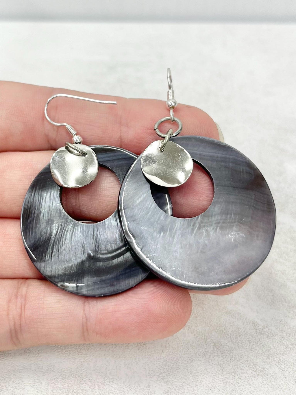 Mother of Pearl Shell Circle & Silver Plate Earrings - for Pierced Ears - by Milly Oliver MillyOliverVintage