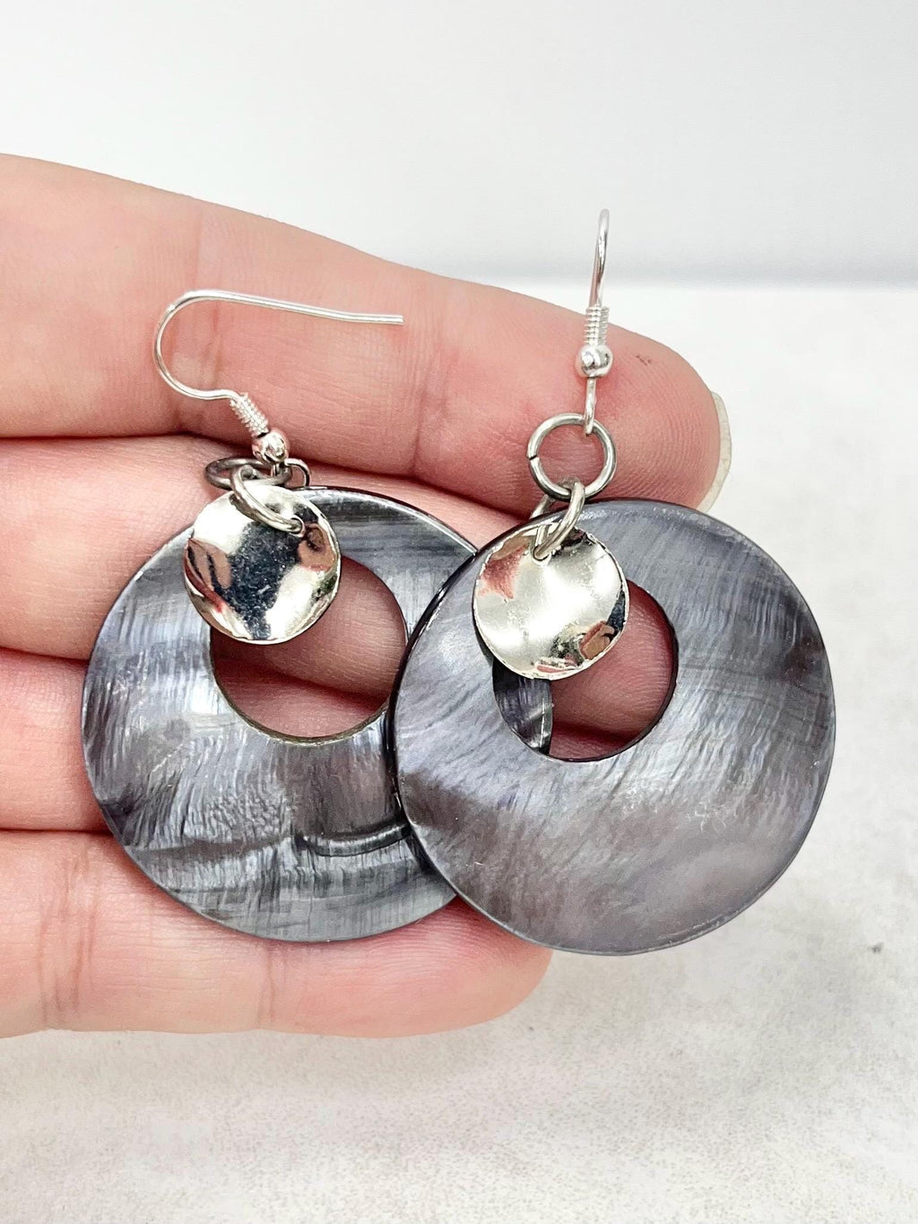 Mother of Pearl Shell Circle & Silver Plate Earrings - for Pierced Ears - by Milly Oliver MillyOliverVintage