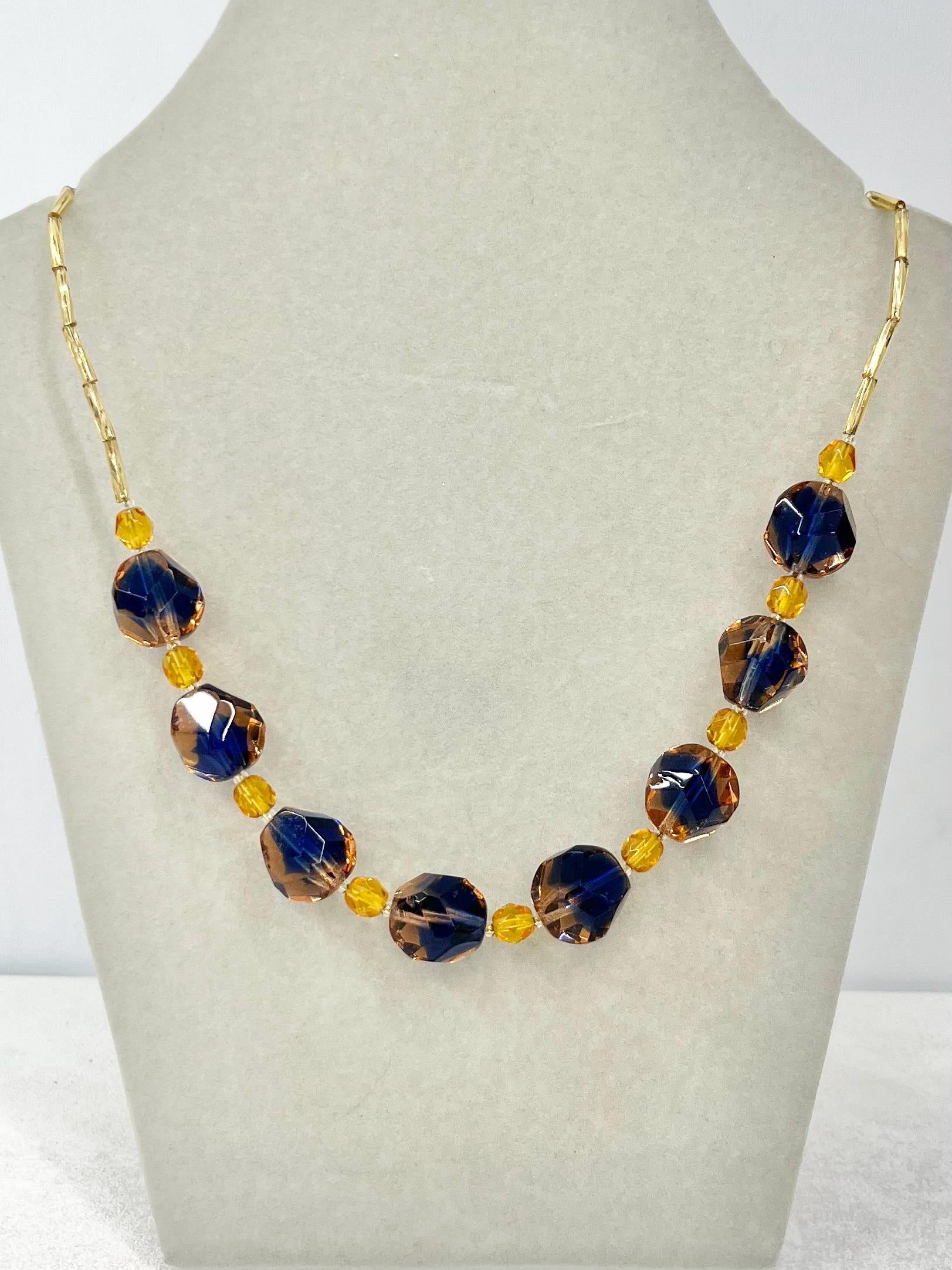 Vintage Navy Blue & Peach Czech Glass Bead Necklace 19” with a 2” Extender Chain MillyOliverVintage