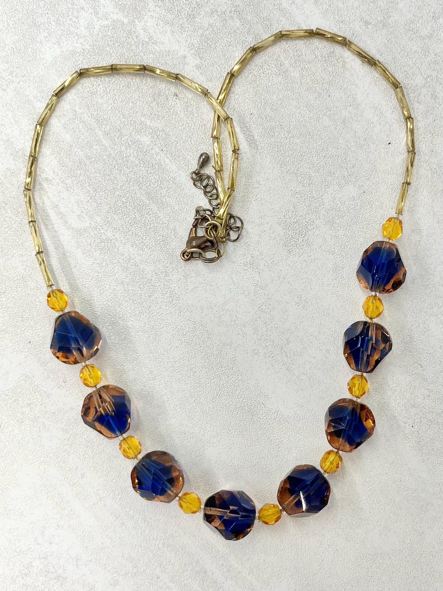 Vintage Navy Blue & Peach Czech Glass Bead Necklace 19” with a 2” Extender Chain MillyOliverVintage