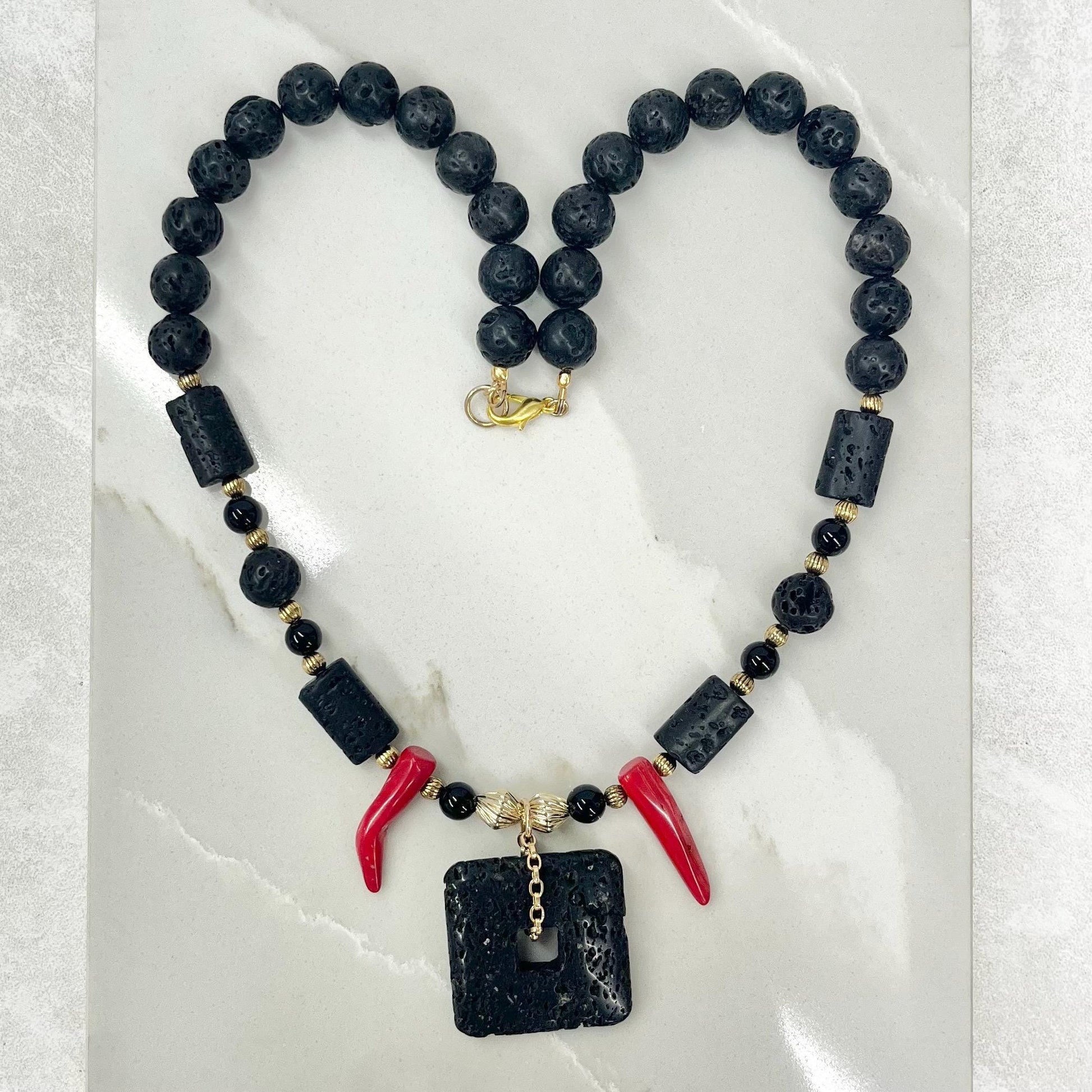 Vintage Black Lava Beaded & Red Coral Chunky Bead Necklace with Golden Accents Long 18” - Milly Oliver Design MillyOliverVintage