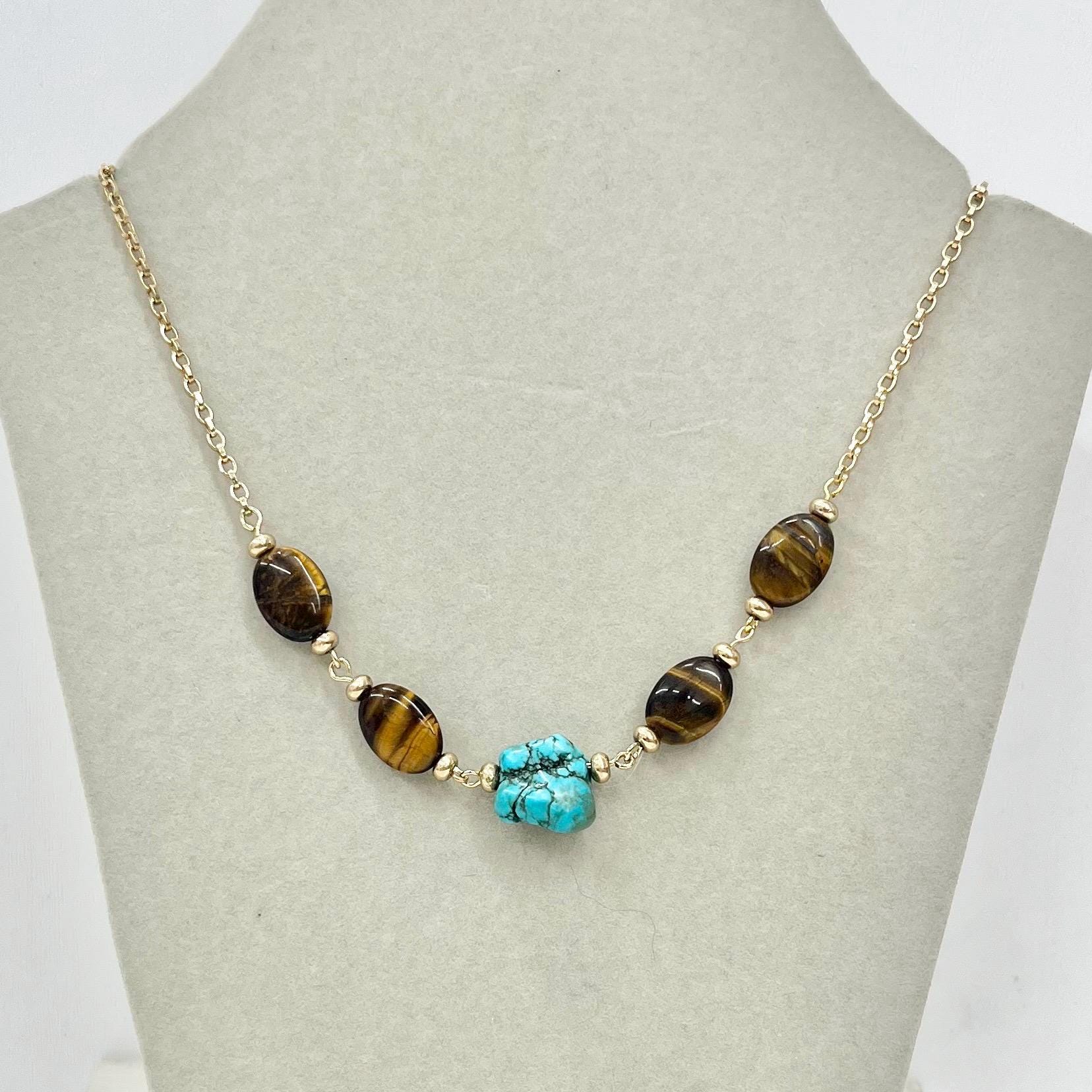 Tigers Eye Semi Precious Gemstone Necklace with a Turquoise Nugget & Gold Tone Accents - by Milly Oliver MillyOliverVintage