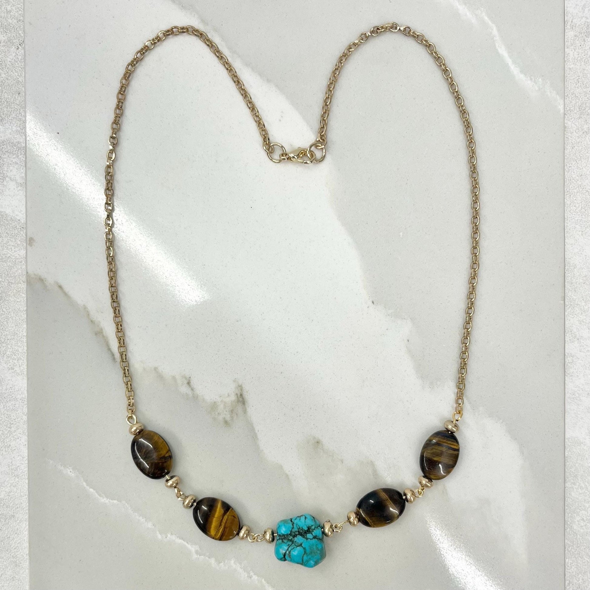 Tigers Eye Semi Precious Gemstone Necklace with a Turquoise Nugget & Gold Tone Accents - by Milly Oliver MillyOliverVintage