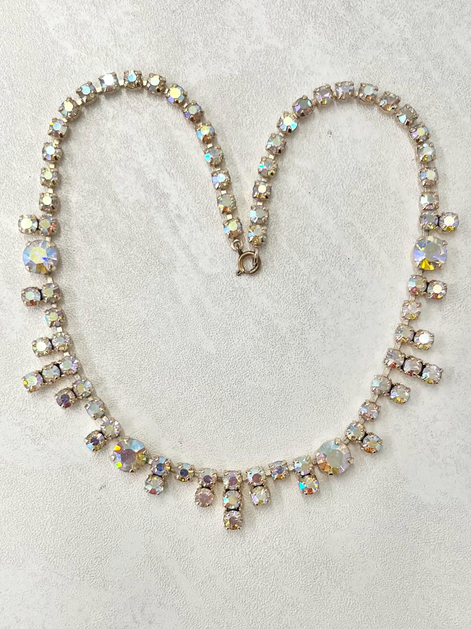 Vintage Silver Tone Dainty Aurora Borealis Drop Crystal Paste Necklace 1960’s Beautiful Rainbow Sparkles 18” MillyOliverVintage