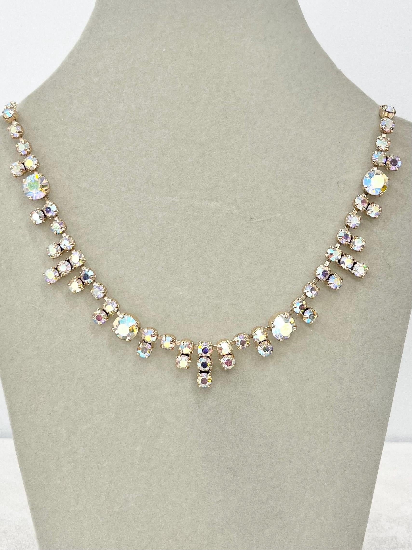 Vintage Silver Tone Dainty Aurora Borealis Drop Crystal Paste Necklace 1960’s Beautiful Rainbow Sparkles 18” MillyOliverVintage