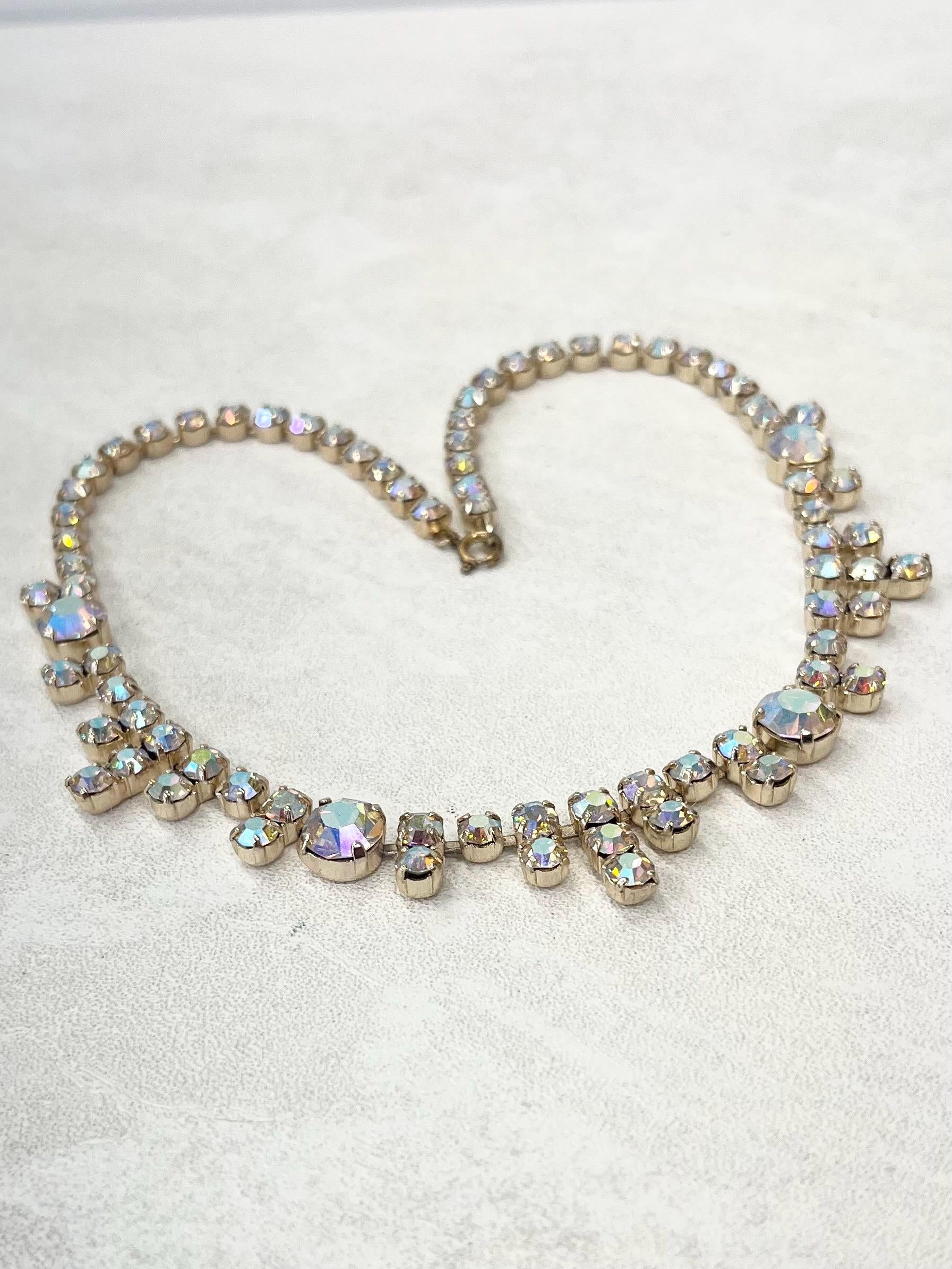 Vintage Silver Tone Dainty Aurora Borealis Drop Crystal Paste Necklace 1960’s Beautiful Rainbow Sparkles 18” MillyOliverVintage