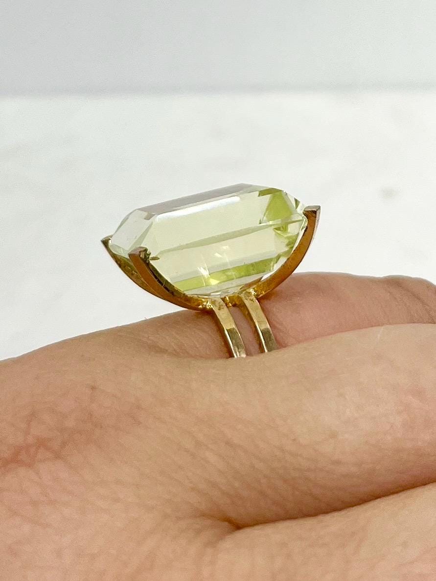 Vintage Uranium Glass Huge Emerald Rectangle Cut Crystal Dress Ring in Yellow / Gold Metal size O Super Bright Glow Under UV Light MillyOliverVintage
