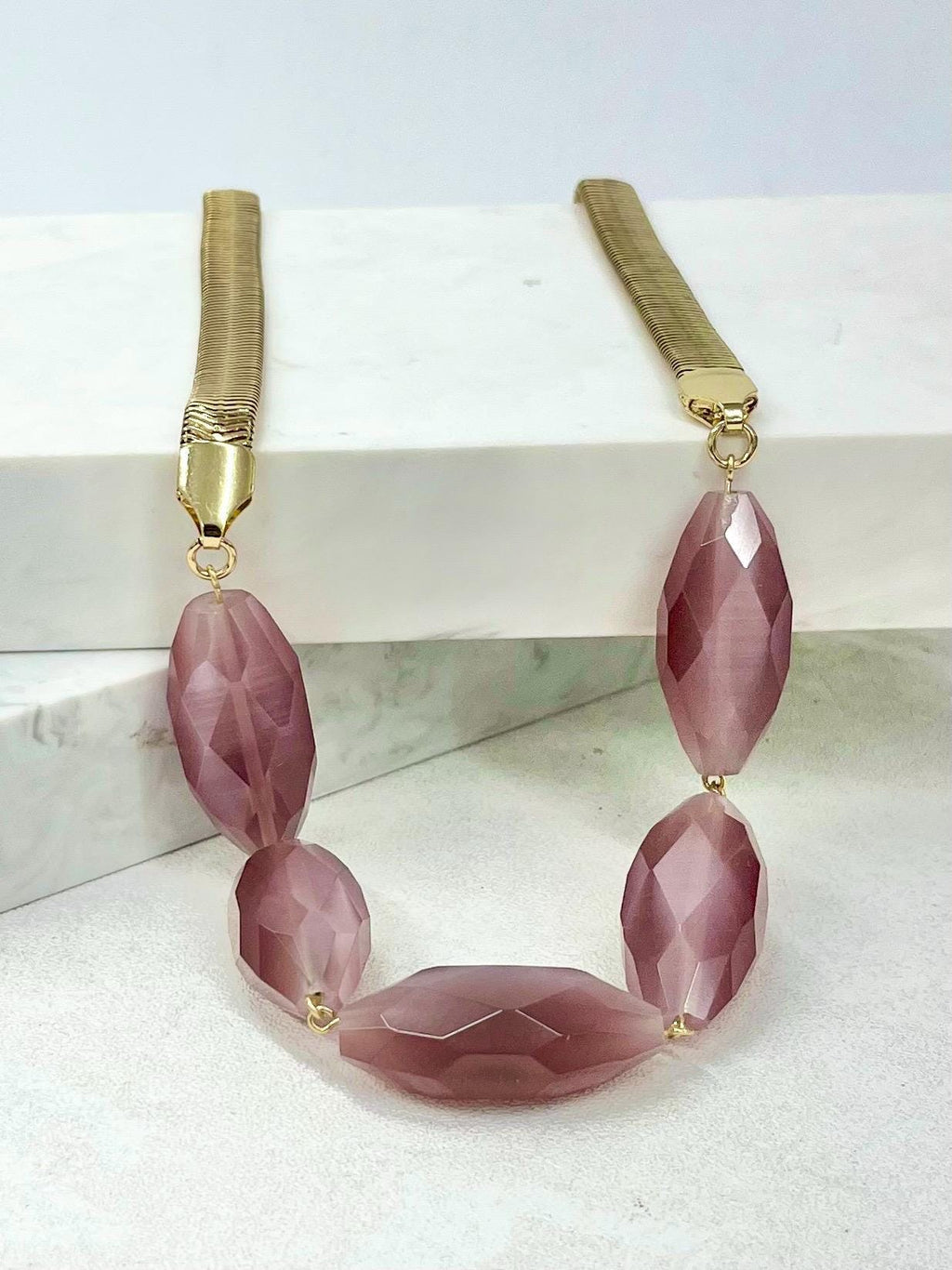 Stunning Faceted Light Amethyst Satin Glass Bead Gold Tone Chain Necklace - by Milly Oliver MillyOliverVintage